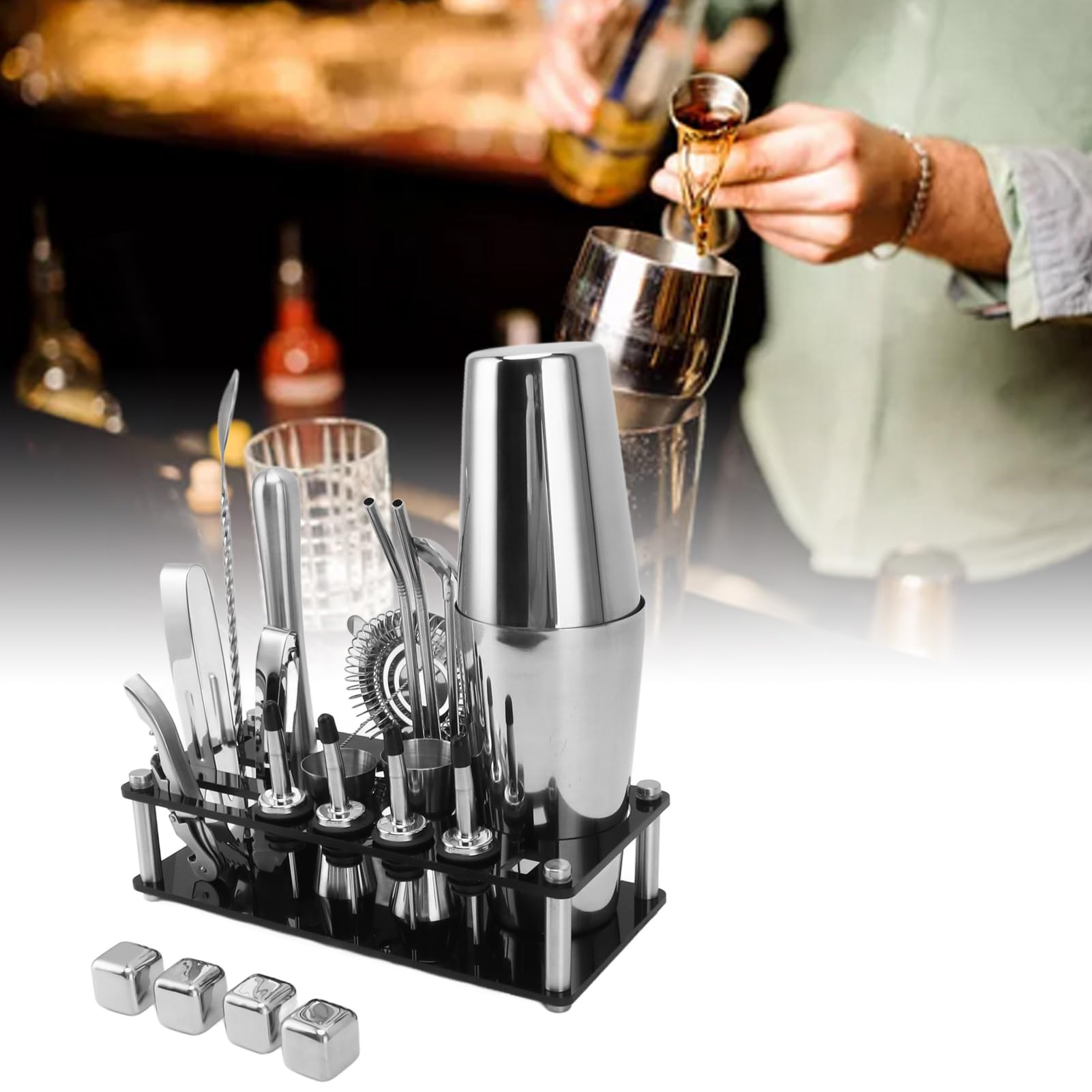 FLEXMAN Juego de Coctelera de 23 Piezas, Kit Profesional de Barman de Acero Inoxidable con Soporte Acrílico, Juego de Cóctel Multifuncional para el Hogar, Bar, Fiesta