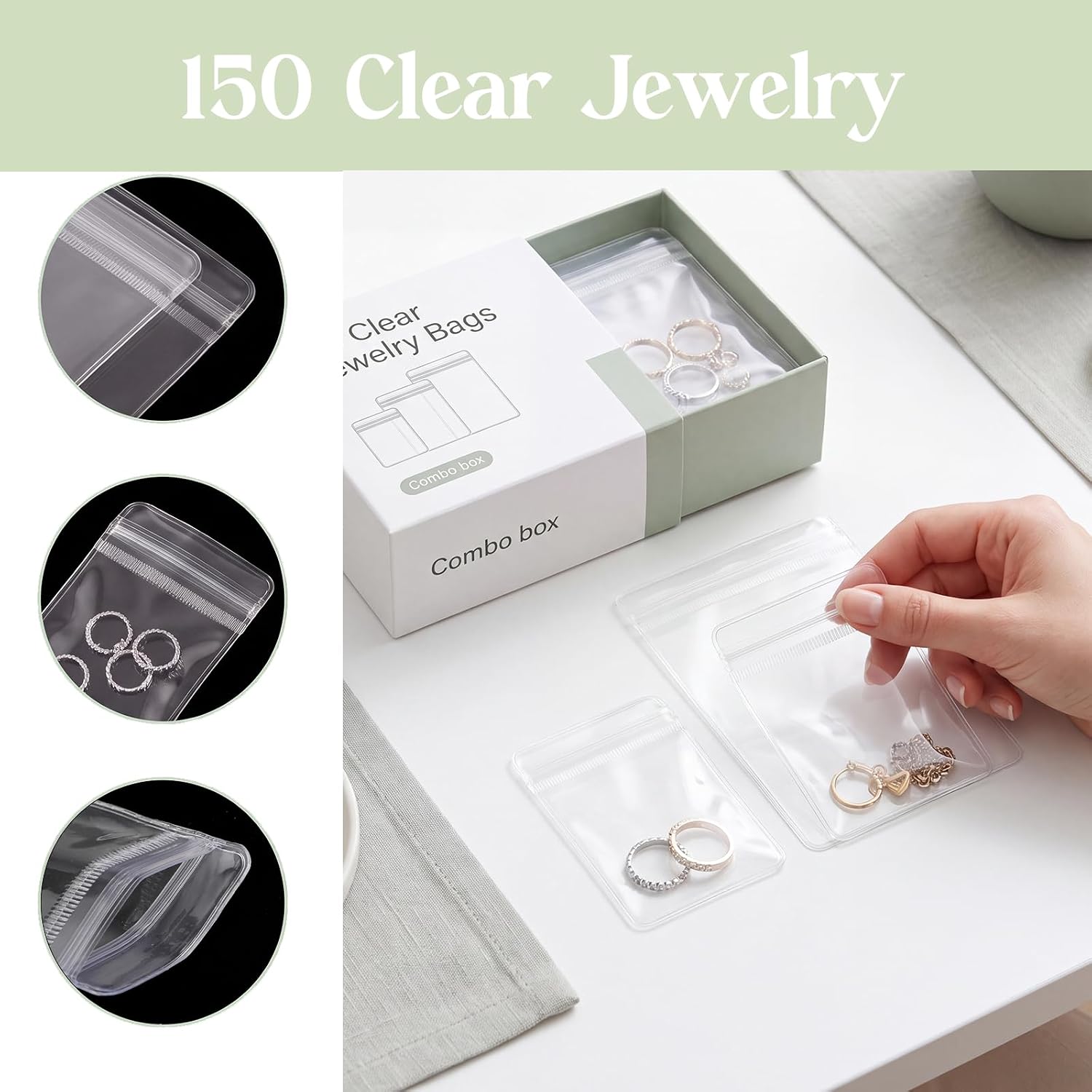 BESARME 150 Pcs Anti-tarnish Jewelry Bags Set Clear PVC Reusable Zip Bags 3 Sizes for Necklaces Earrings Rings Pearls Beads Travel Storage Organization image 5