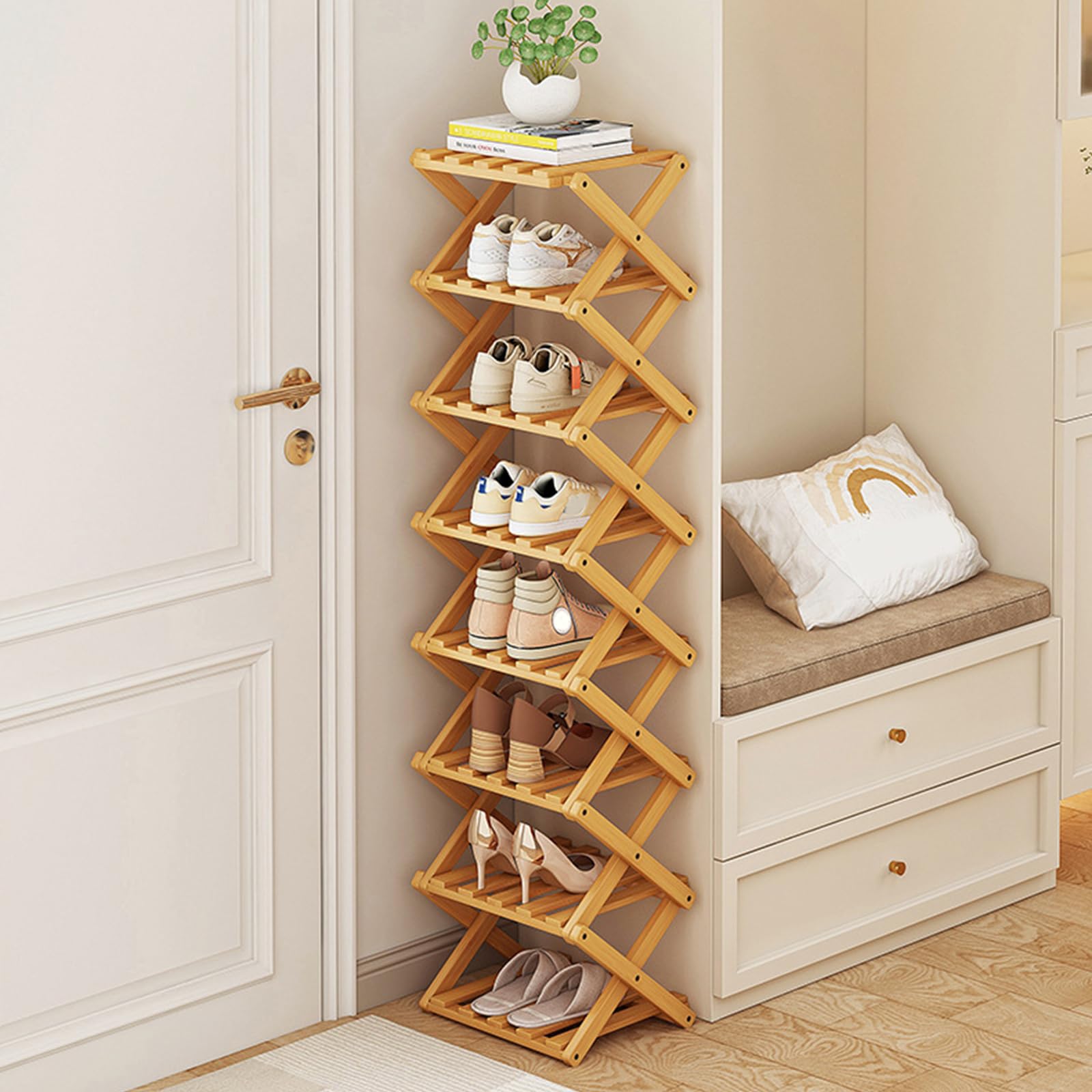 ShkitAelling 8-Tier Bamboo Shoe Rack,Narrow Wood Shoe Racks Storage,Vertical Foldable Shoe Organizer Rack,Indoor for Hallway, Entryway,Corner,Bedroom
