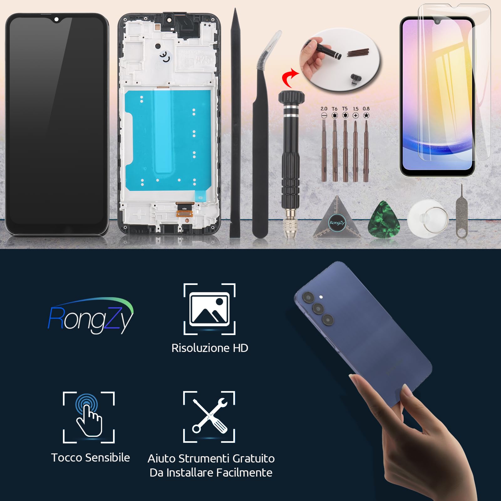 RongZy LCD Schermo per Samsung Galaxy A25 5G Display di Ricambio Touch Screen Digitizer Parti di Riparazione per Samsung Galaxy A25 5G A256B LCD Display con Strumenti(Nero con Cornice, 6.5")