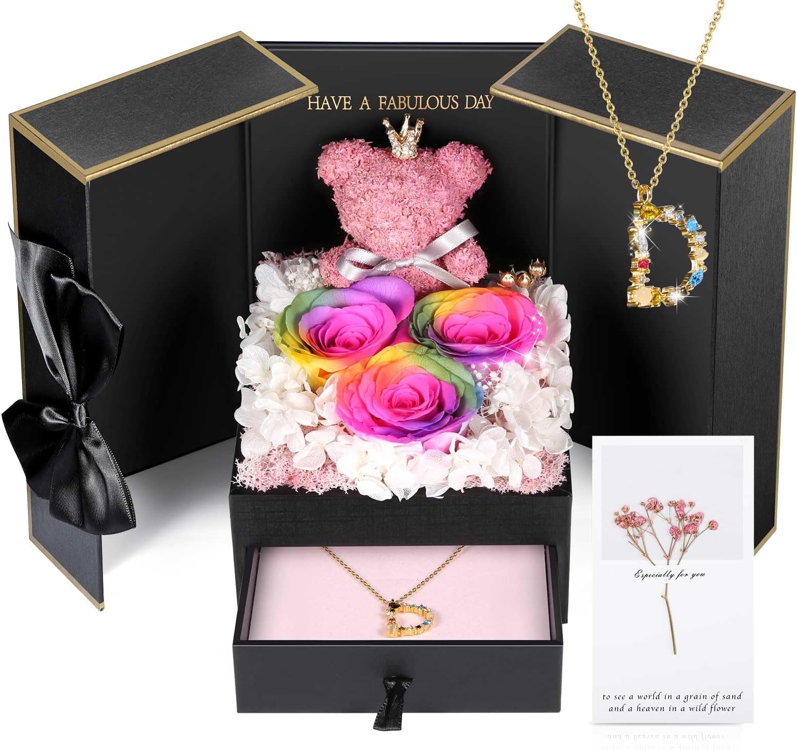 ADDWel Preserved Rose Gifts for Her - Eternal Rose Gifts for Women Mom Girlfriend Wife Sister on Birthday Anniversary, Unique Forever Preserved Rose Box with Personalized Initial Letter Necklace D