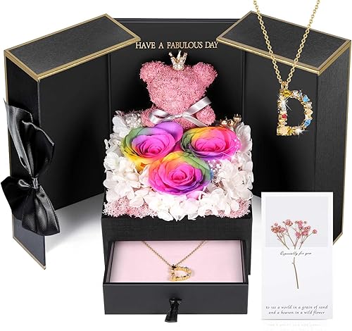 ADDWel Regalos de San Valentín para mujeres, rosas reales preservadas con letra inicial D, collar de regalo para mamá, esposa, novia, hermana,