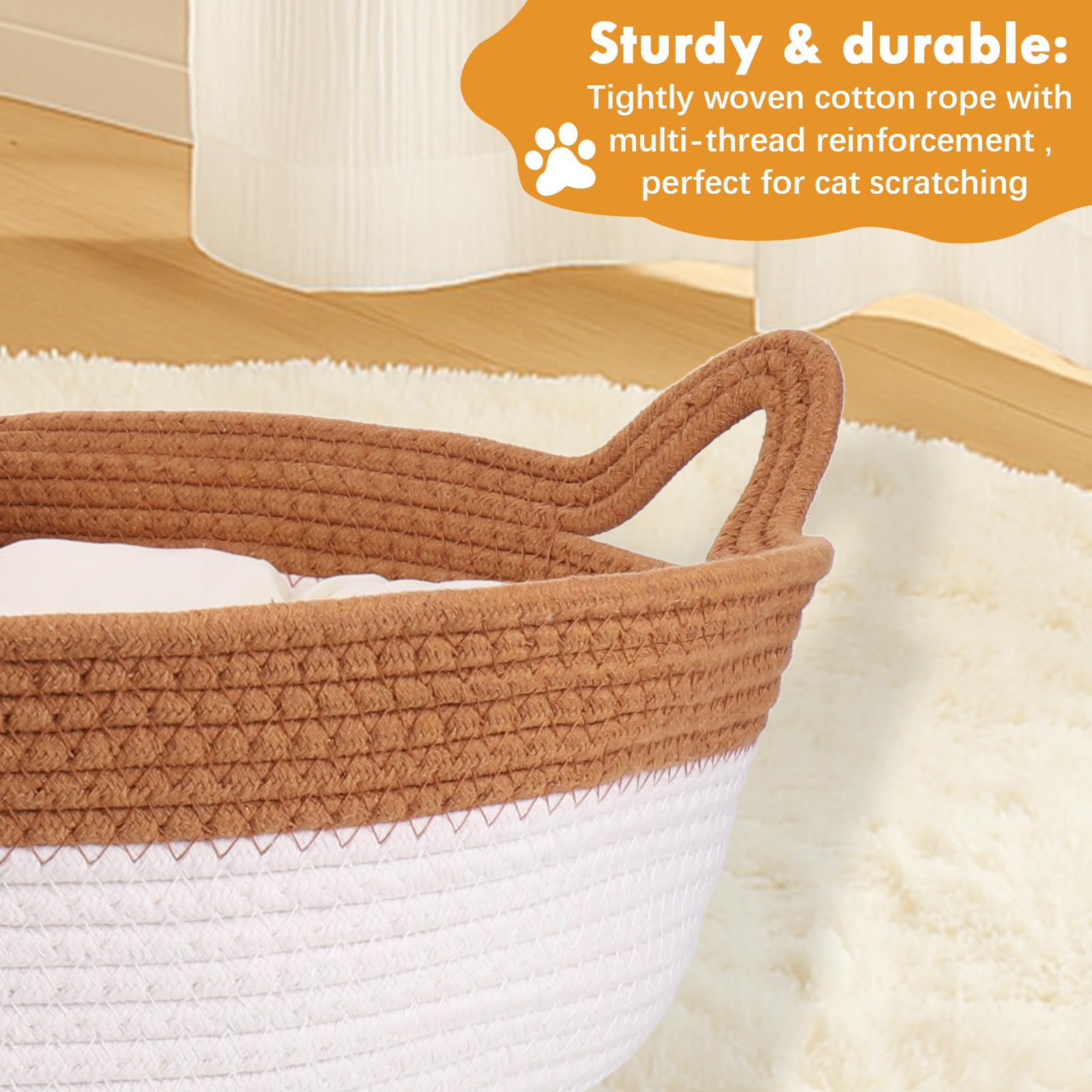 Zocipro Baumwollseil Katzenbett mit Kissen, 46x46x16 cm Groß Katzenbett, Katzenkörbchen Rund Waschbar mit Baumwollseil-Spielball für Alle Katze