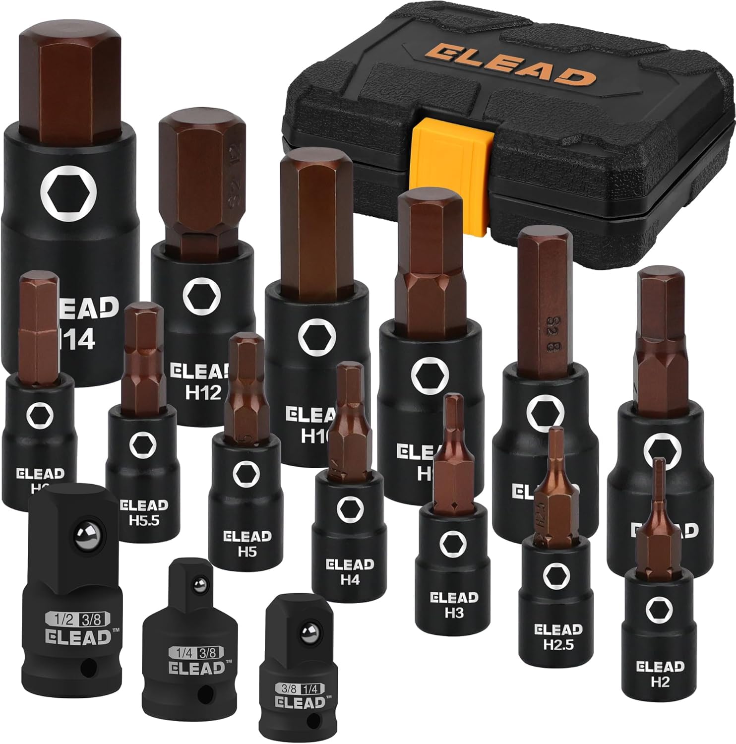 16-Piece Metric Hex Bit Socket Set - Premium S2 Steel 2mm-14mm Allen Socket Set with Adapters, 1/4”, 3/8” and 1/2” Drive | Professional Mechanic Garage Tools — image 1
