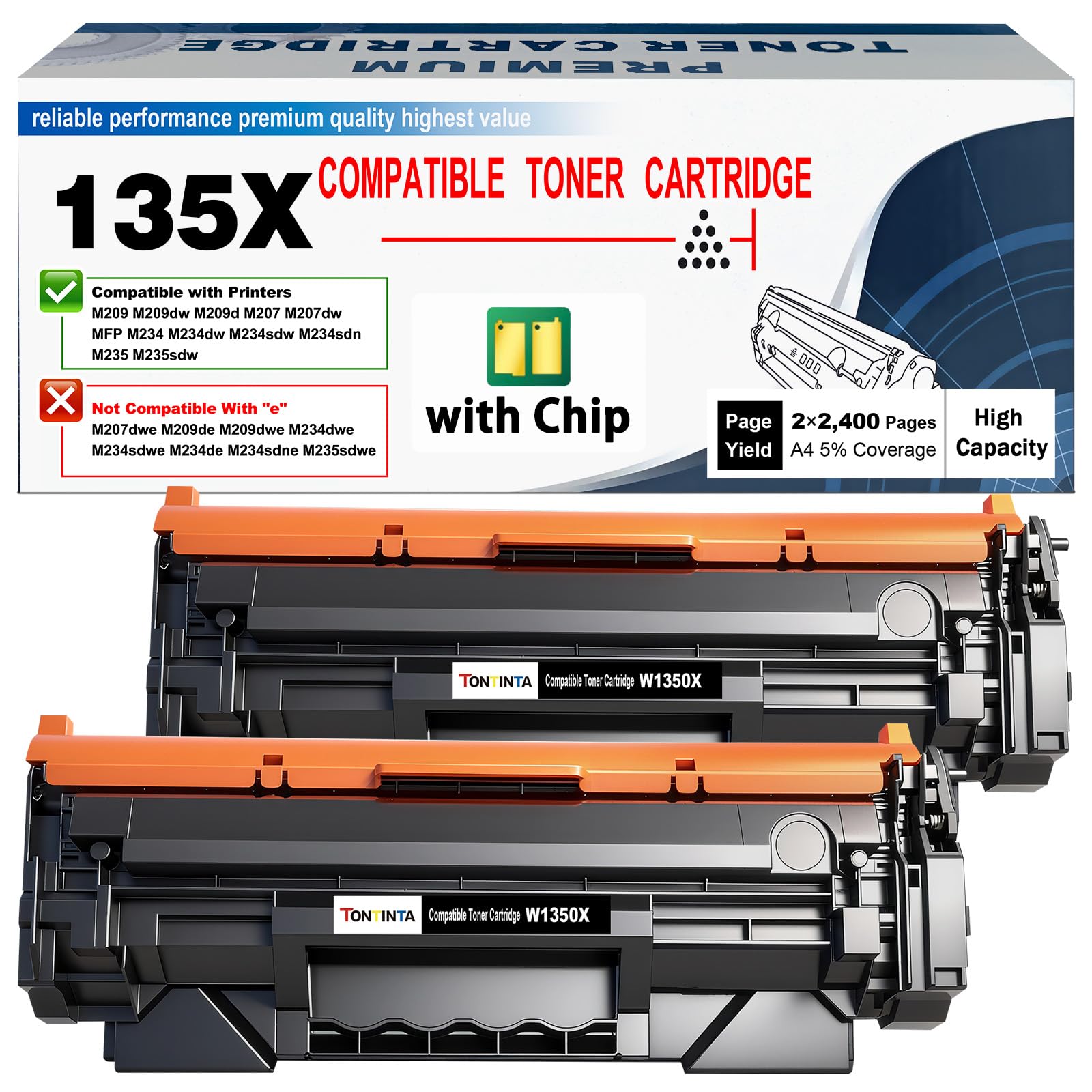 135X W1350X ( 135A W1350A ) Cartouches de Toner Compatibles [avec Puce] Haute Capacité 2400 Pages Noir pour Imprimantes M209 M209d M209dw M207dw M234d M234dw M234sdw M234sdn M235sdw (2 Pack)