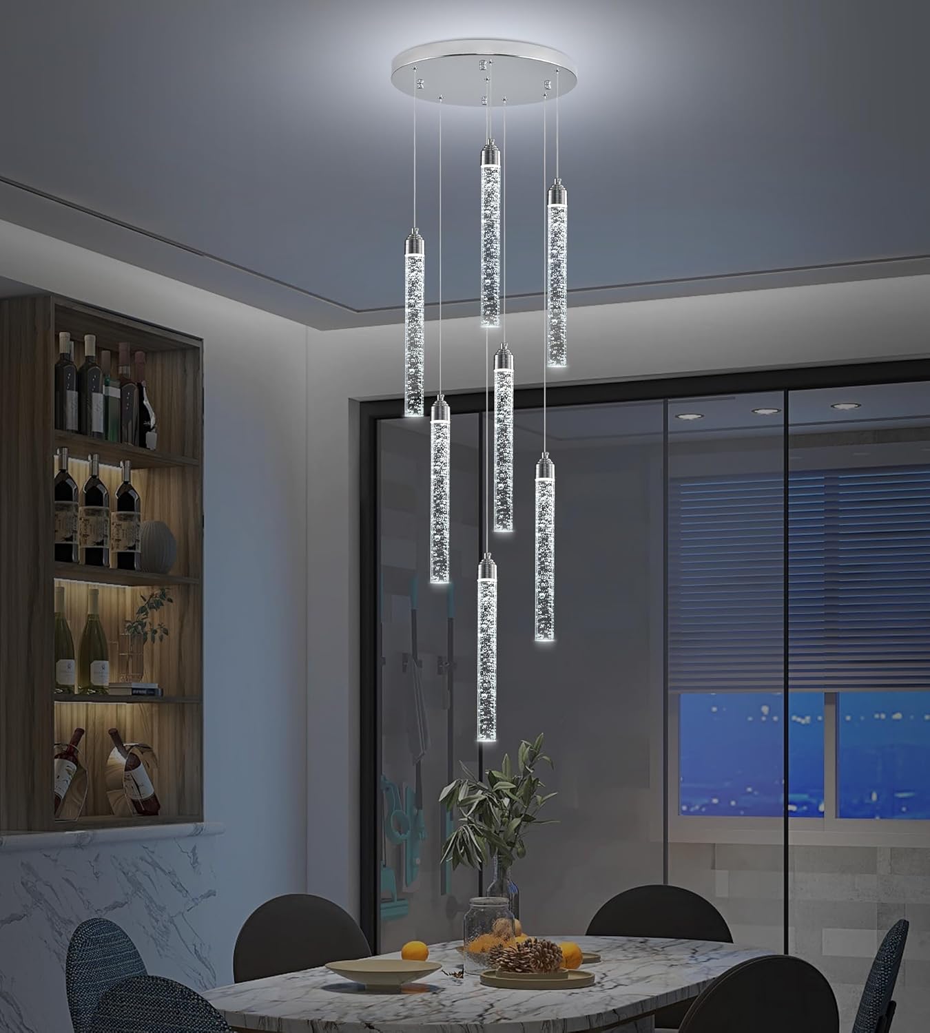 Crystal Staircase Chandelier, Modern Chrome Spiral Dimmable LED Cluster Raindrop Foyer Chandelier Lighting, Bubble Living Room Hanging Light Fixture 7 Light Remote Control