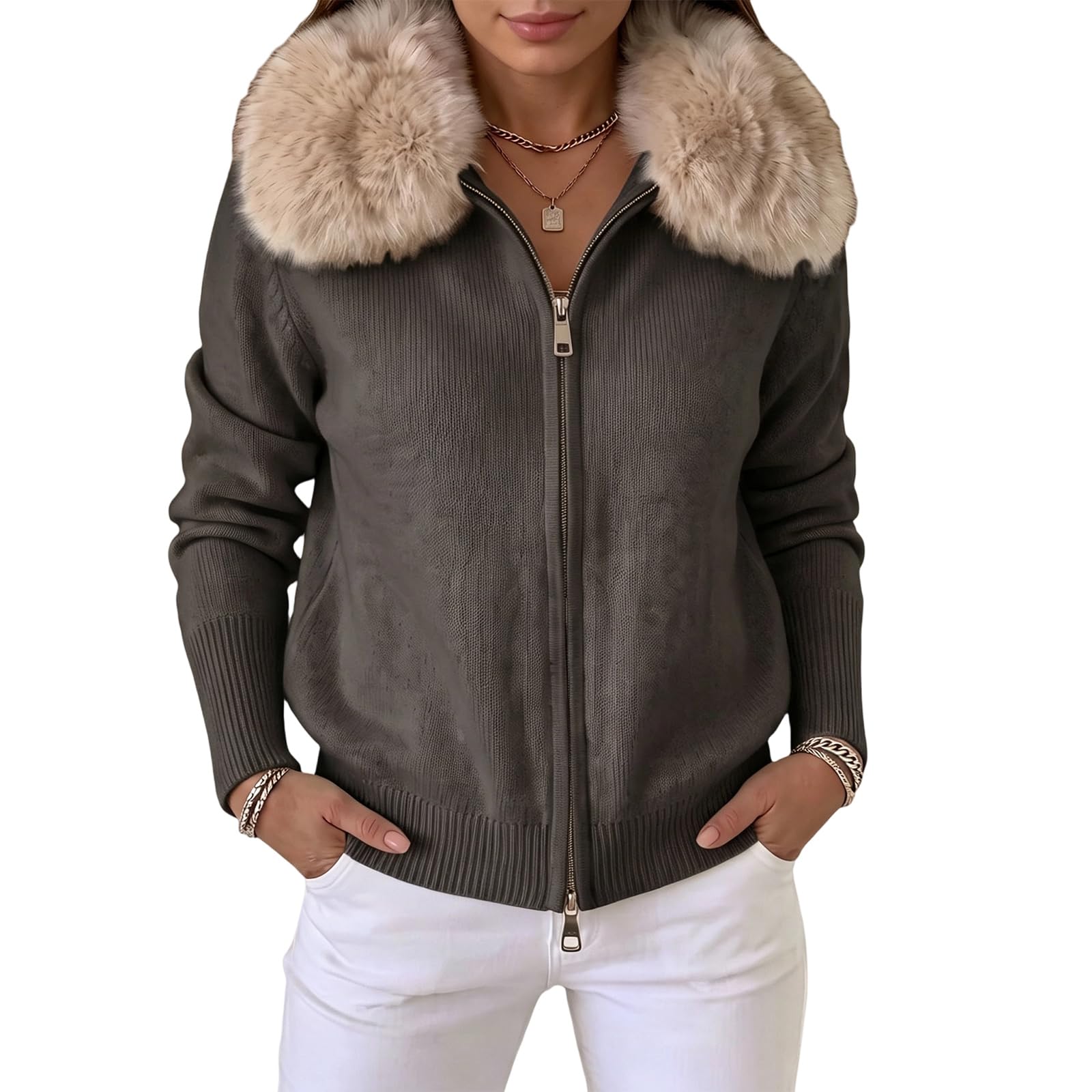 Strickjacke Damen Kurz mit Fellkragen Cardigan Winter Flauschig