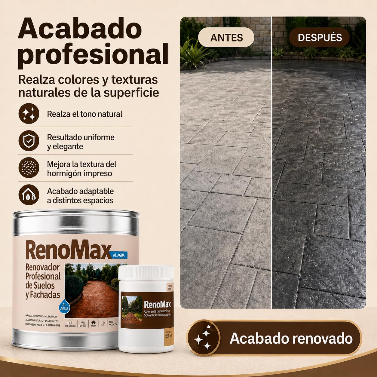 Renomax - Resina Hormigon Impreso y Superficies Porosas Al Agua + Tinte Hormigon Impreso Color Cemento, 5L Cubre hasta 50m² | Repara y Protege Suelos,Fachadas | Fácil de Aplicar, Garantía 5 Años