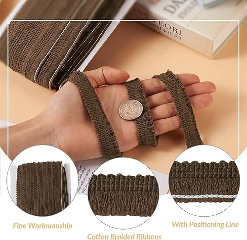 Miniatura 4 de 27.34 yardas9.8in marrón coco, flecos de poliéster, borde de encaje, 58 pulgadas de ancho, cintas trenzadas de algodón con tarjeta de papel, borde