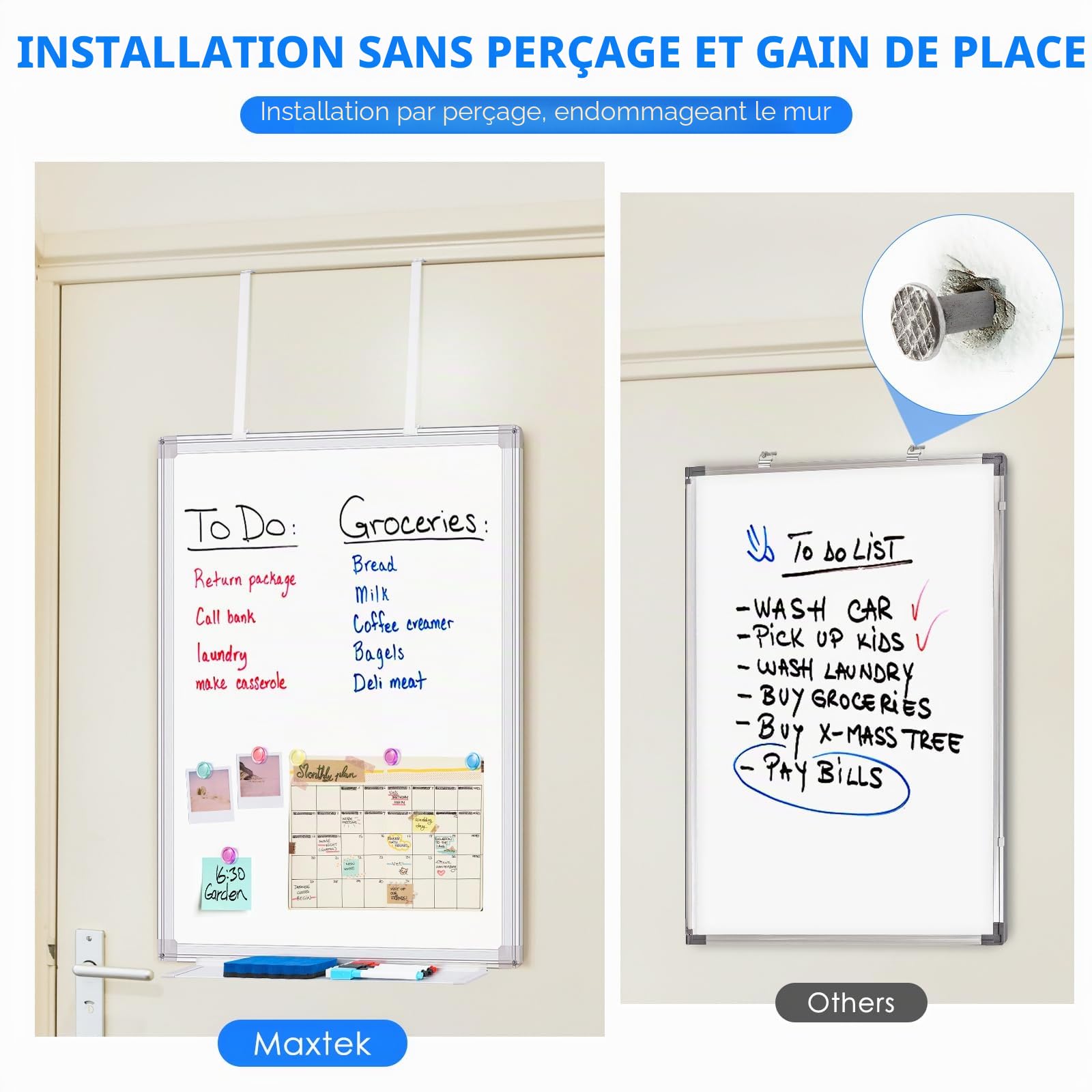 maxtek Tableau Blanc Effacable avec Patere Porte 75 × 50 cm, Magnétique Whiteboard Mural Sans Percage, Tableau Cadre en Aluminium avec 4 Marqueurs, 6 Aimants, 1 Effaceur pour Maison, Cellier, Bureau