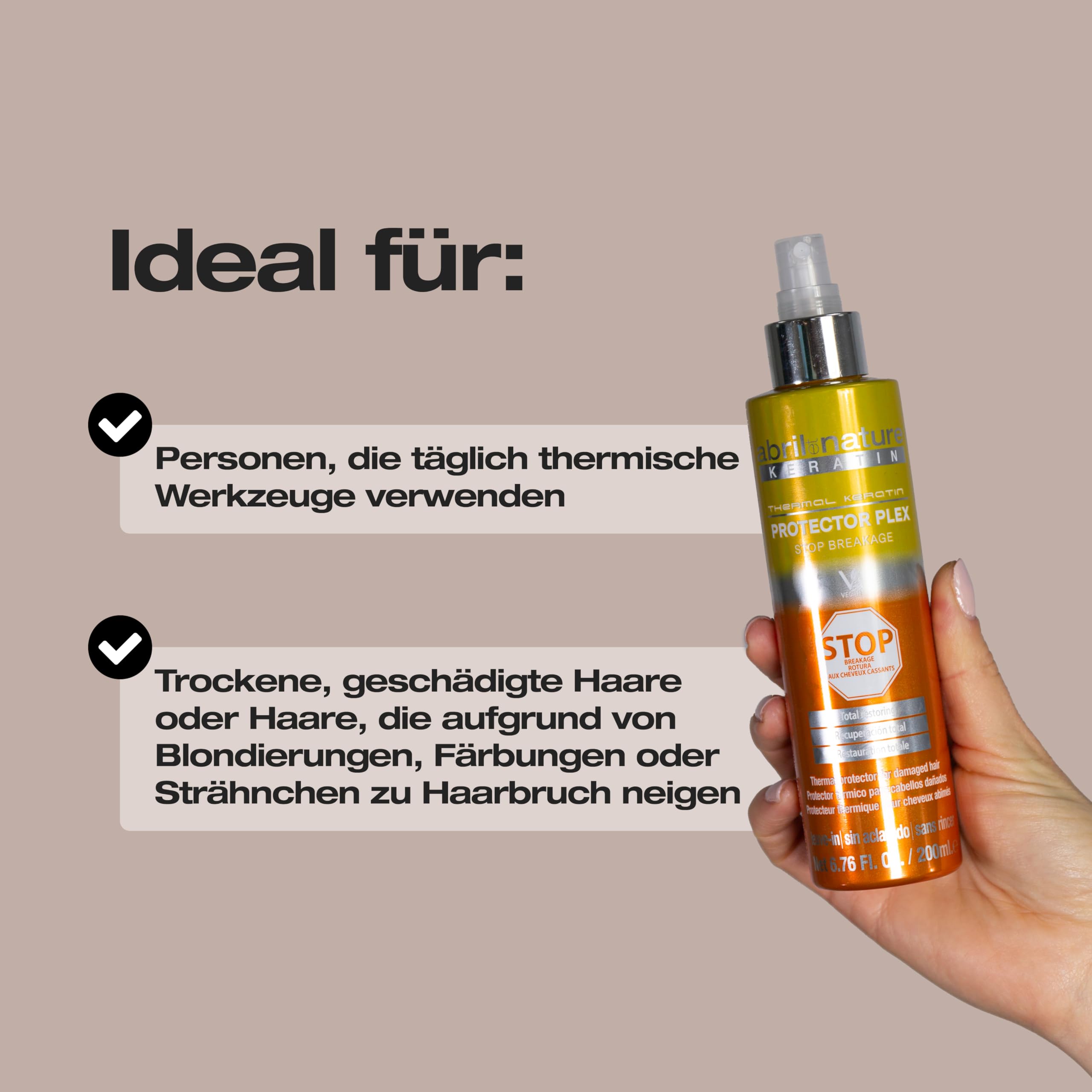 abril et nature - Hitzeschutz Plex, STOP Haarbruch - Ideal für trockenes und/oder geschädigtes Haar - Schützt das Haar vor Glätteisen und Föhnen - Mit reparierendem Keratin - 200 ml