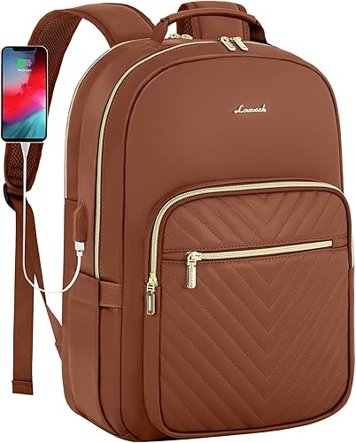 LOVEVOOK Mochila de cuero para laptop para mujer, Marrón, Mochila de viaje para computadora portátil, mochila para profesores universitarios