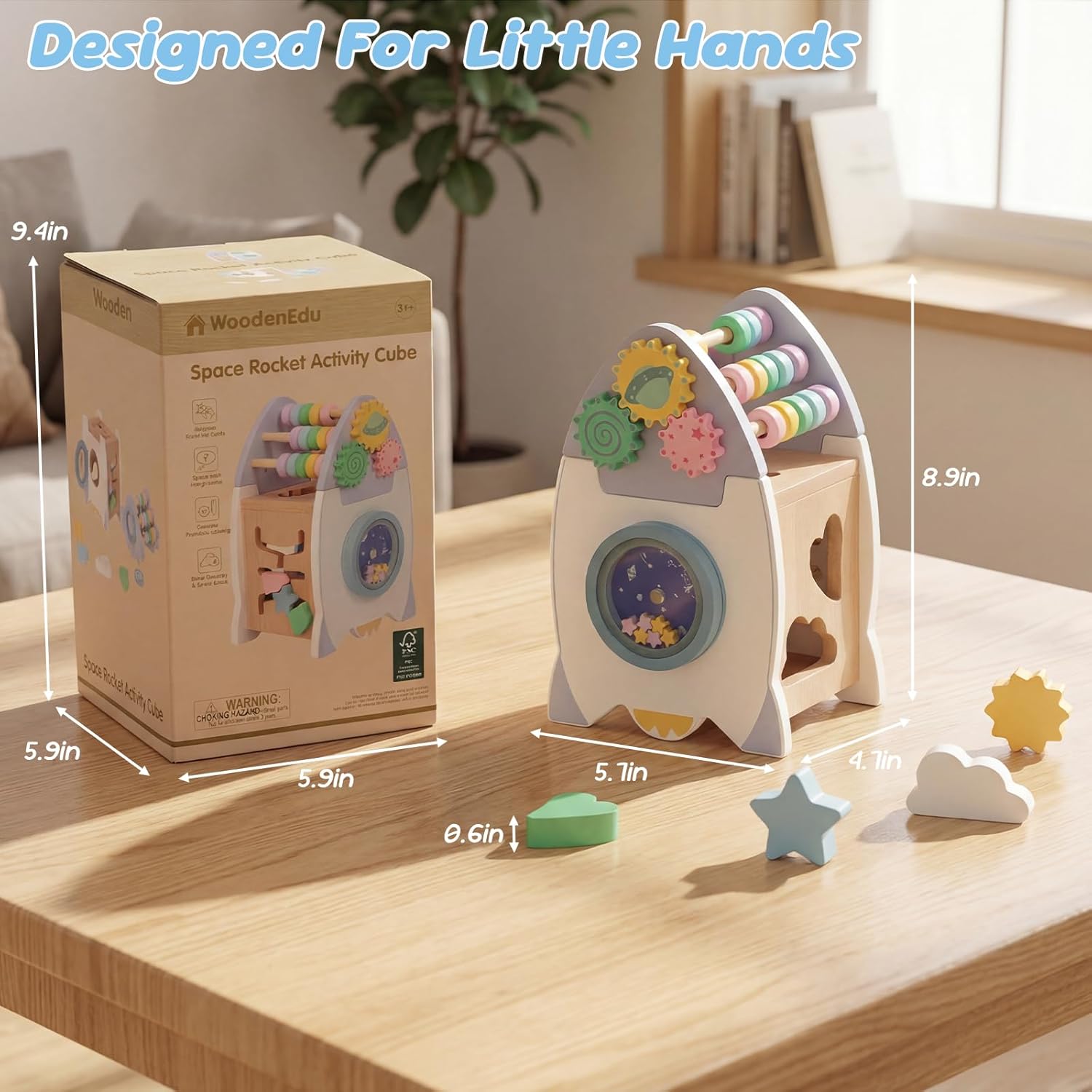 Wooden Space Toys for Baby, Wood Activity Cube Montessori Toys for 1 2 3 Years Old Boys Girls Birthday Gifts