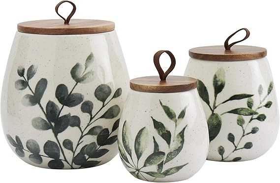 Kitchen Storage Acacia Wood White Set, 3 Piece Green Leaf Canister Set