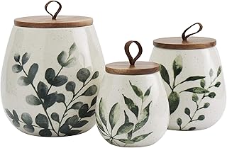 TTU Tabletops Gallery Ceramic Canister Collection- Stoneware Designed Kitchen Storage Acacia Wood White Set, 3 Piece Green Leaf Canister Set