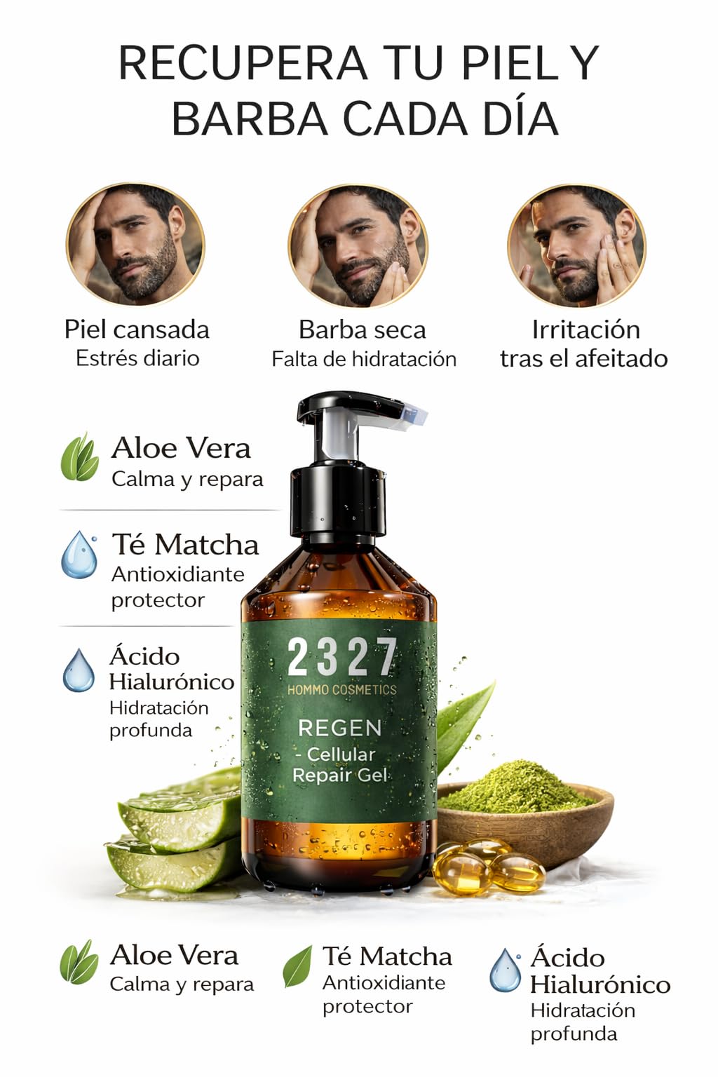 REGEN Gel Hidratante Facial Hombre Sin Grasa | Aloe Vera + Té Matcha | Piel Cansada, Cara y Barba | After Shave y Afetr Sun Refrescante | Absorción Rápida | 200 ml