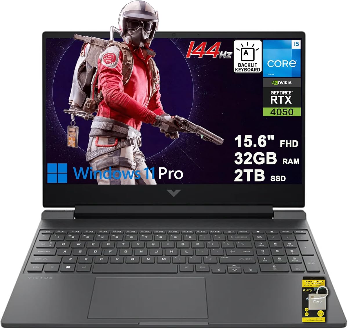 Laptop para juegos HP Victus 15 15.6" FHD IPS 144Hz Intel 8-core i5-13420H (>i7-12650H) 32GB RAM 2TB SSD GeForce RTX 4050 retroiluminado Type-c B&O Carga rápida Win11Pro ICP Hub