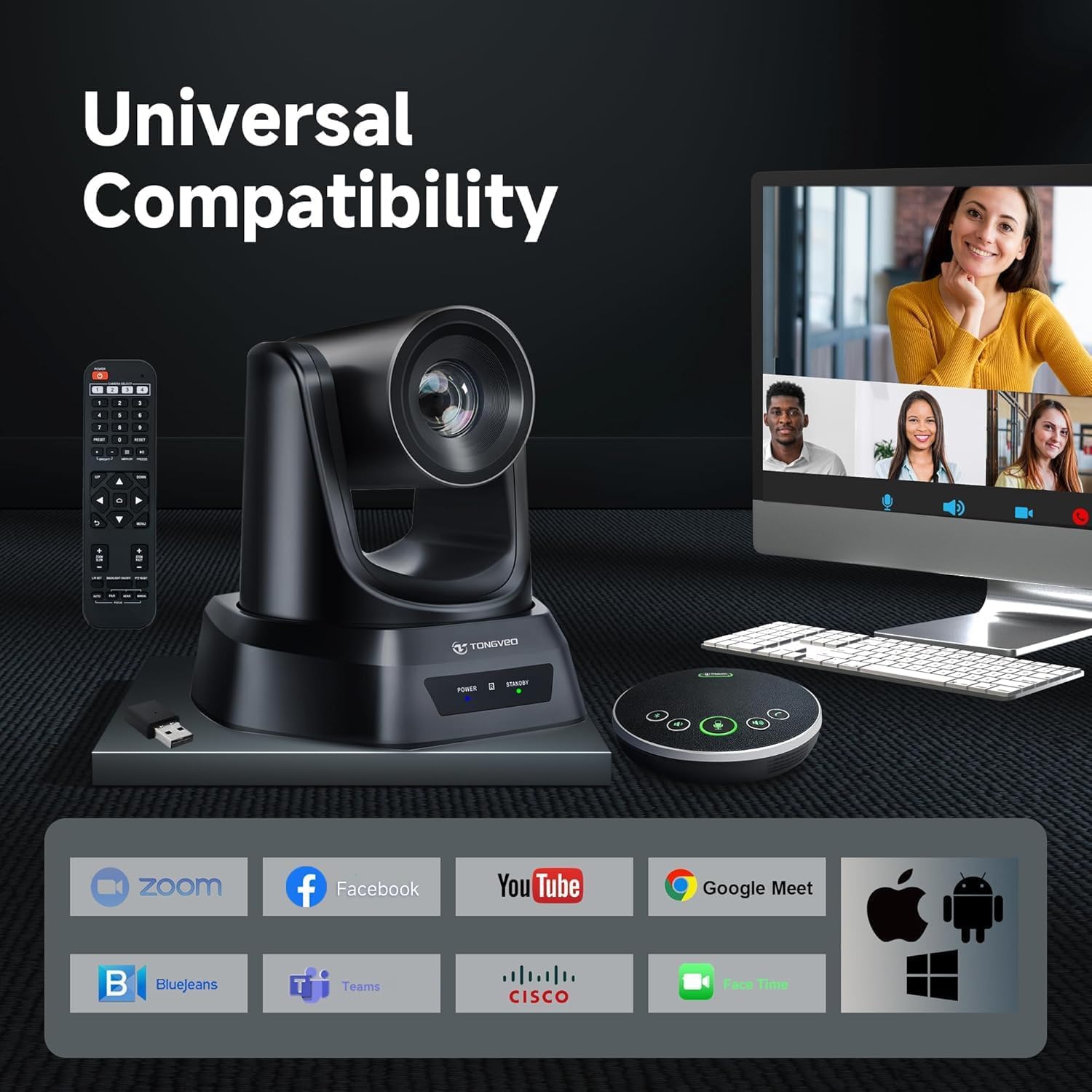 TONGVEO 5.8GHz Wireless Conference Room Camera System with Bluetooth Microphone,20X 60fps PTZ Camera for Worship Online Conference, Works with Zoom, Skype OBS Easy to Set Up