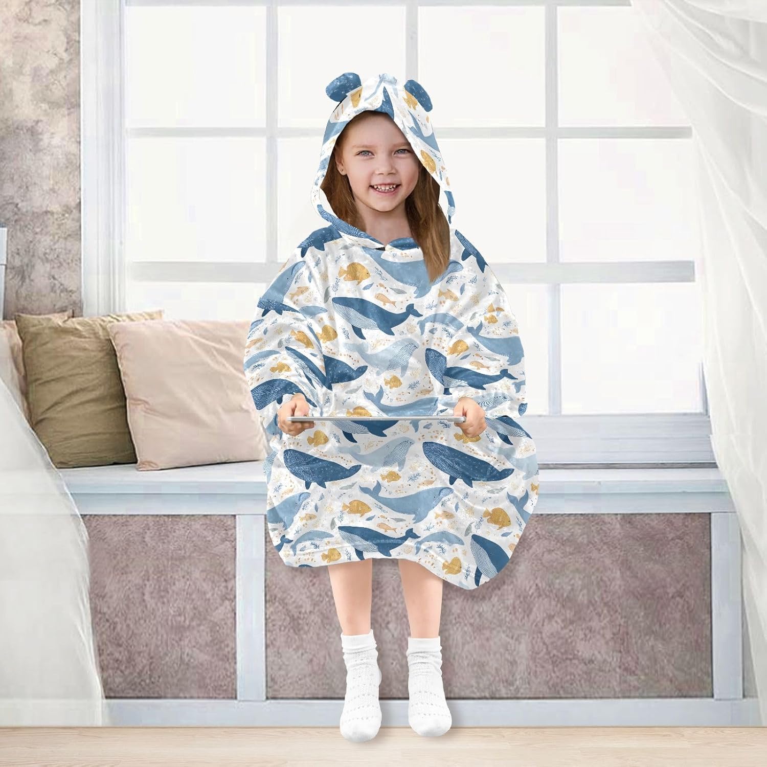Blue Killer Whale Pattern Wearable Blankets for Kids, Soft Warm Cozy Blanket Hoodie for Boys Girls with Pocket