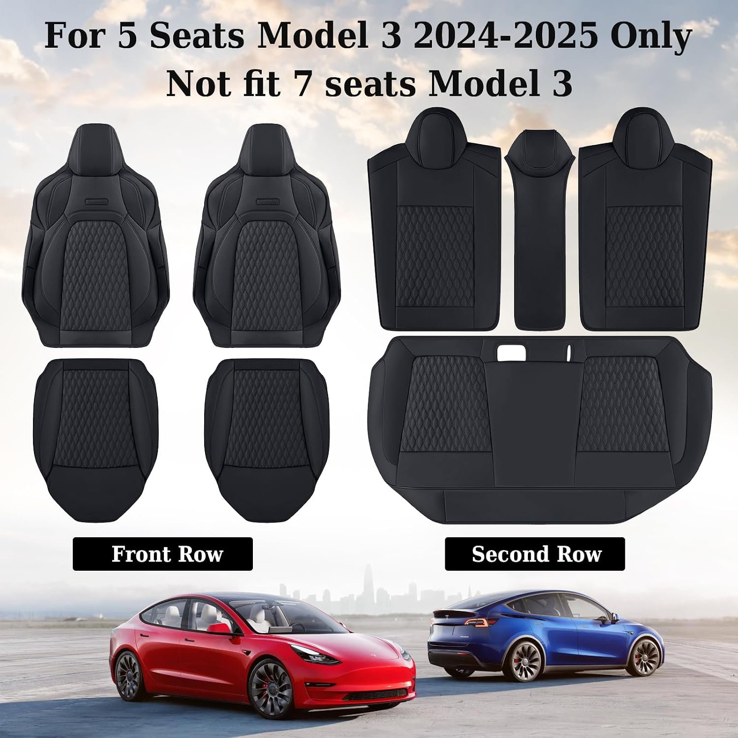 Coverado Car Seat Covers for Tesla Model 3, Full Set 5 Seater, Leatherette Car Seat Covers Front Seats and Back Custom for Tesla Model 3 2024-2025 New Black