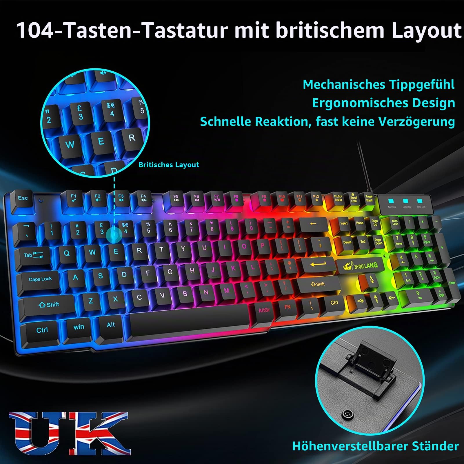 Gaming Tastatur Headset & Maus Set, 104 Tasten Rainbow Backlit UK Layout Tastatur 2400DPI Maus 7.1 Surround Sound RGB Leichte Waben Headset Mauspad Kombination für PS4 XBox(Need Adapter) Schwarz