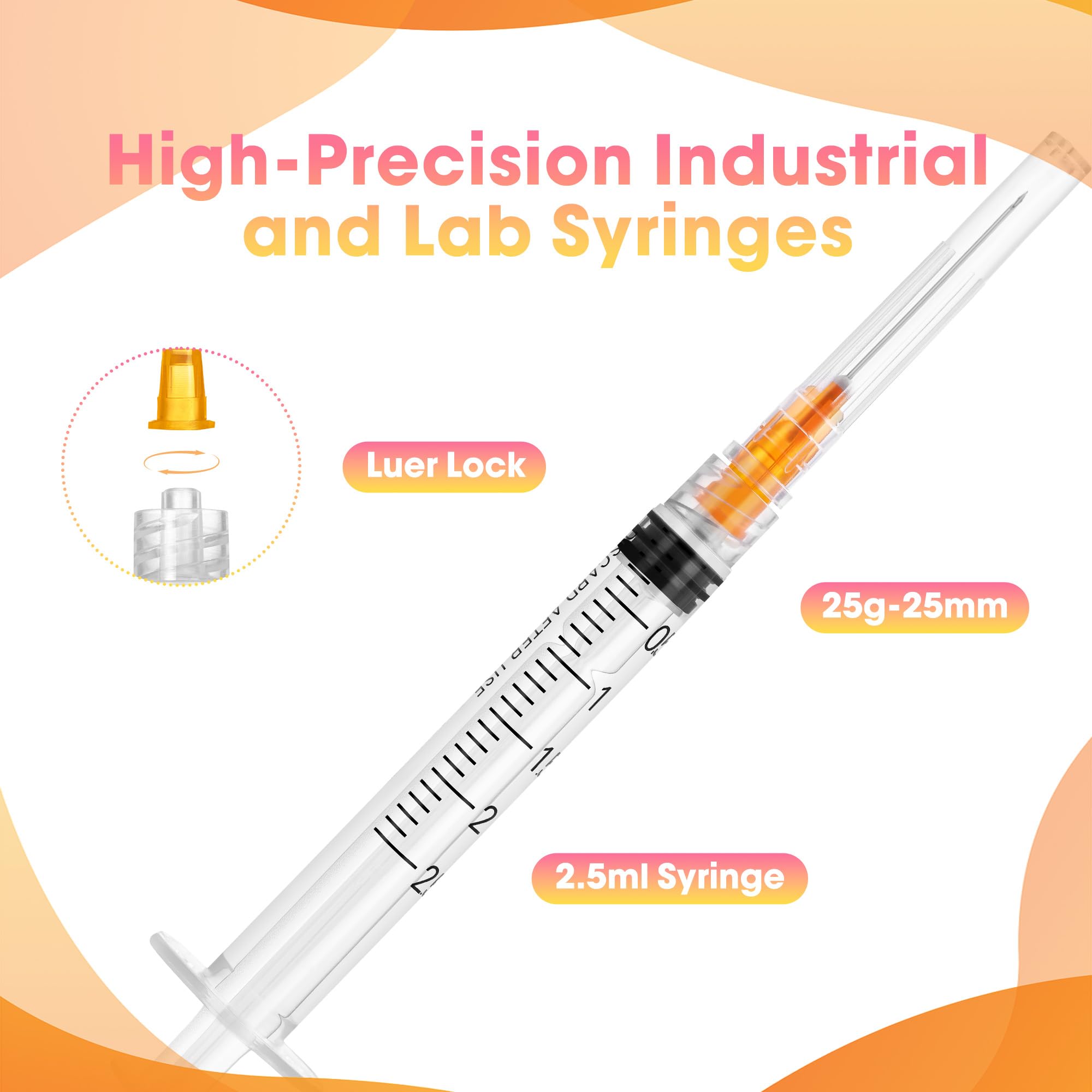 100 Pack 2.5ml Syringes with Needle - 25G 1 inch Disposable 2.5cc Luer Lock Syringe for Scientific Lab Use, Sterile Individually Wrapped — Amazon image 2