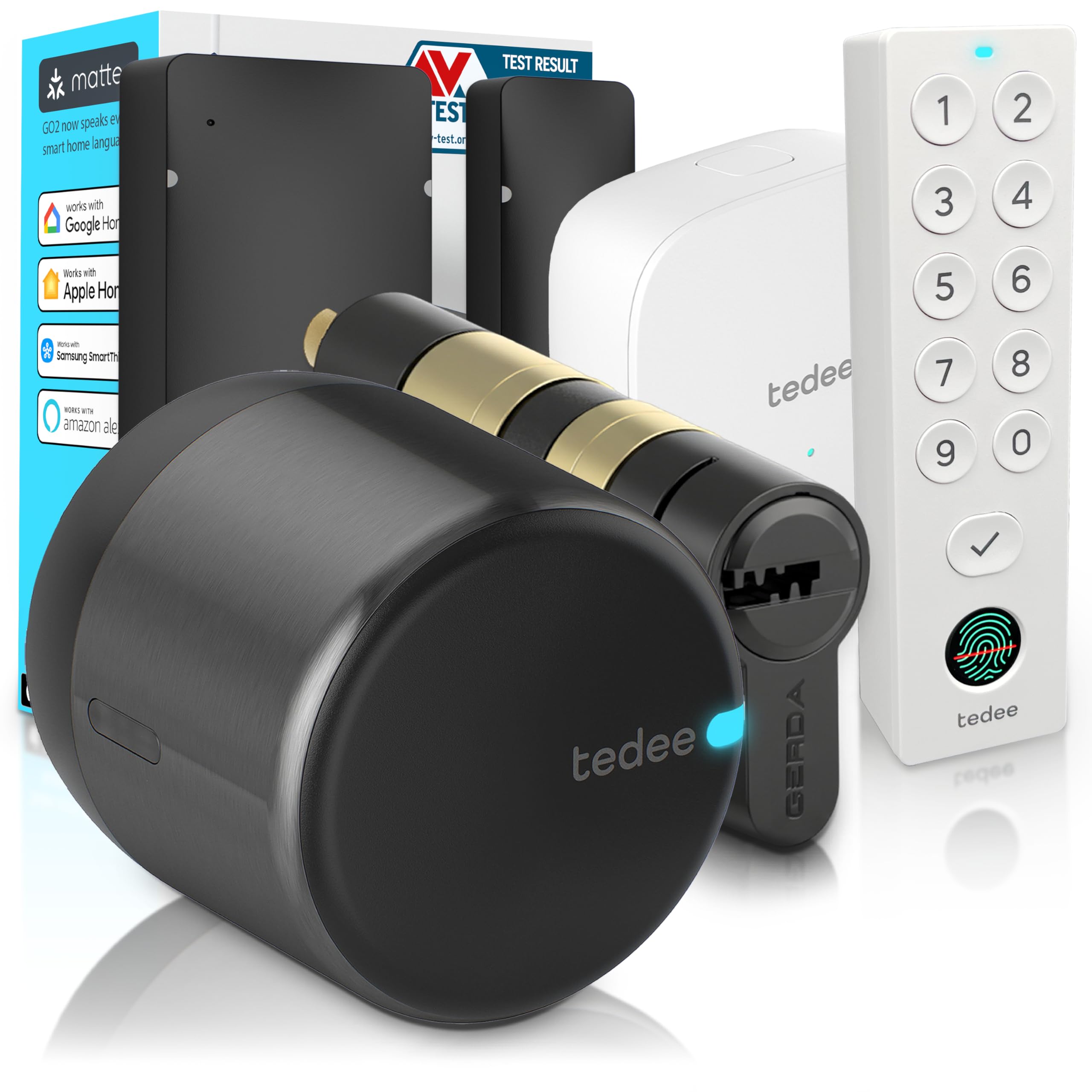 Tedee GO2 Alu Serrure intelligente avec WiFi, cylindre Exxo Smart, empreinte digitale et capteur de porte, sécurité classe 6, accès à distance et verrouillage automatique sans clé | Alexa, Google