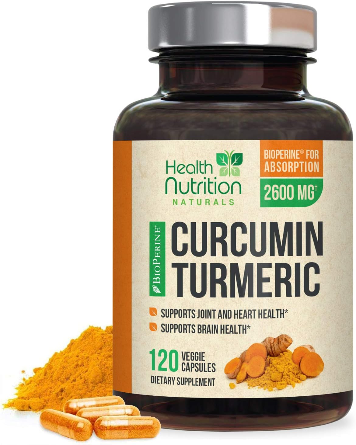 Turmeric Curcumin with BioPerine 95% Curcuminoids 2600mg with Black Pepper for Best Absorption, Made in USA, Powerufl Joint Support, Turmeric Supplement by Health Nutrition - 120 Capsules