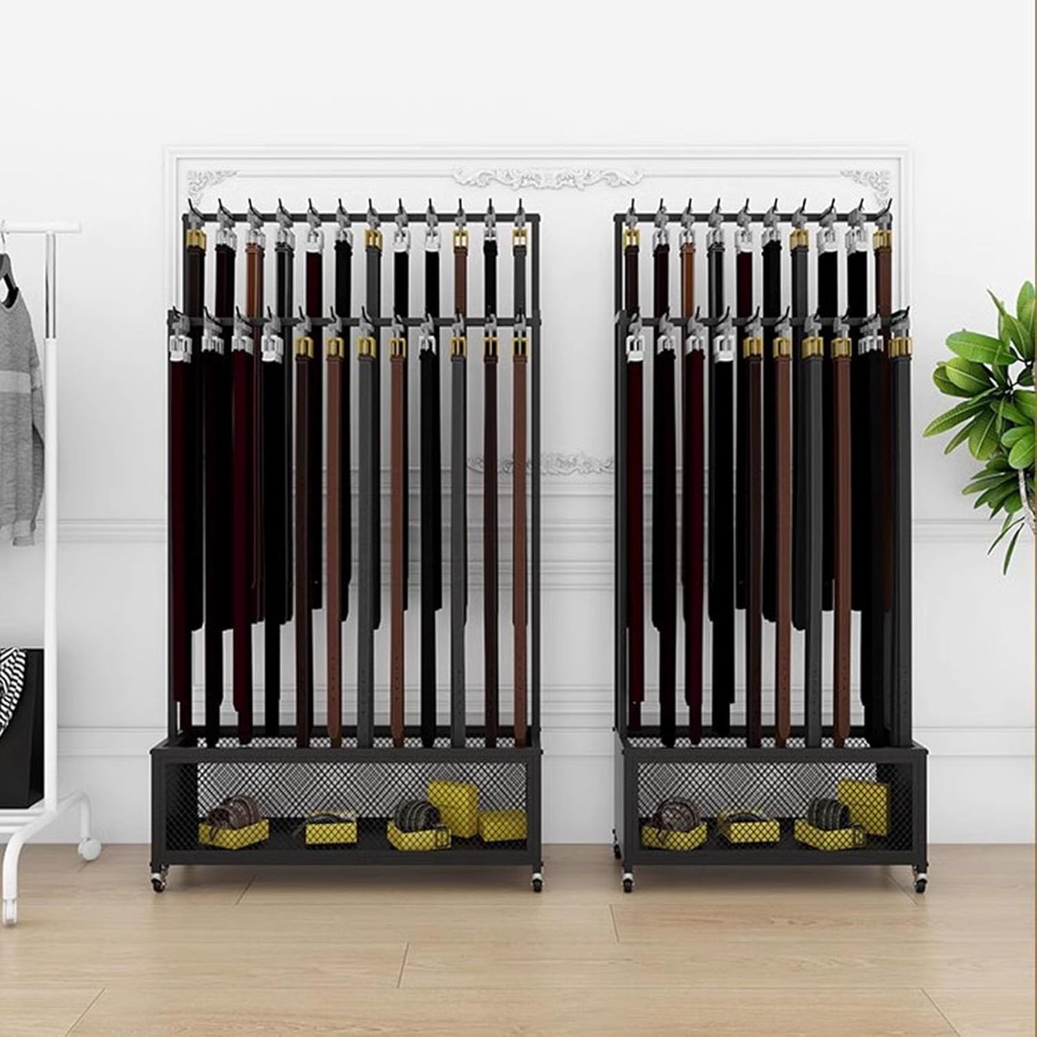 WDJBPSH Floor Standing Belt Rack for Bedroom/Store/Clothing Retail/Business, Large Capacity Men Tie Display Stand Organizer, Space Saving (Color : Black, Size : Wide - 70cm)