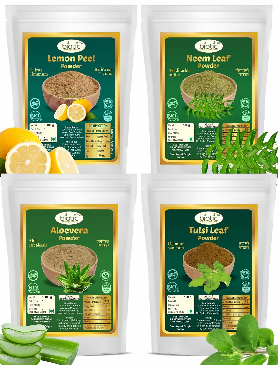 Biotic Natural Lemon Peel, Neem Leaf, Aloevera and Tulsi Leaf Powder - 400g (100g each)