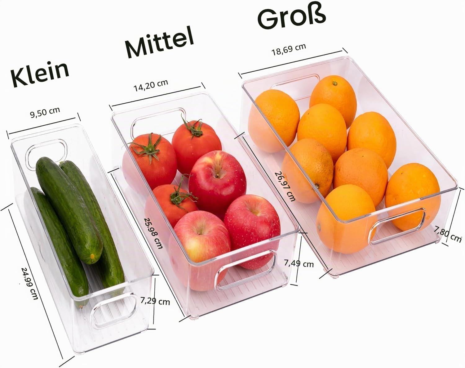 12 Stück Kühlschrank-Organizer-Behälter, 3 Größen, stapelbar, transparent, mit Griffen für Kühlschrank, Gefrierschrank, Regale, Schublade, Behälter, Snack-Organizer für Zuhause und Küche
