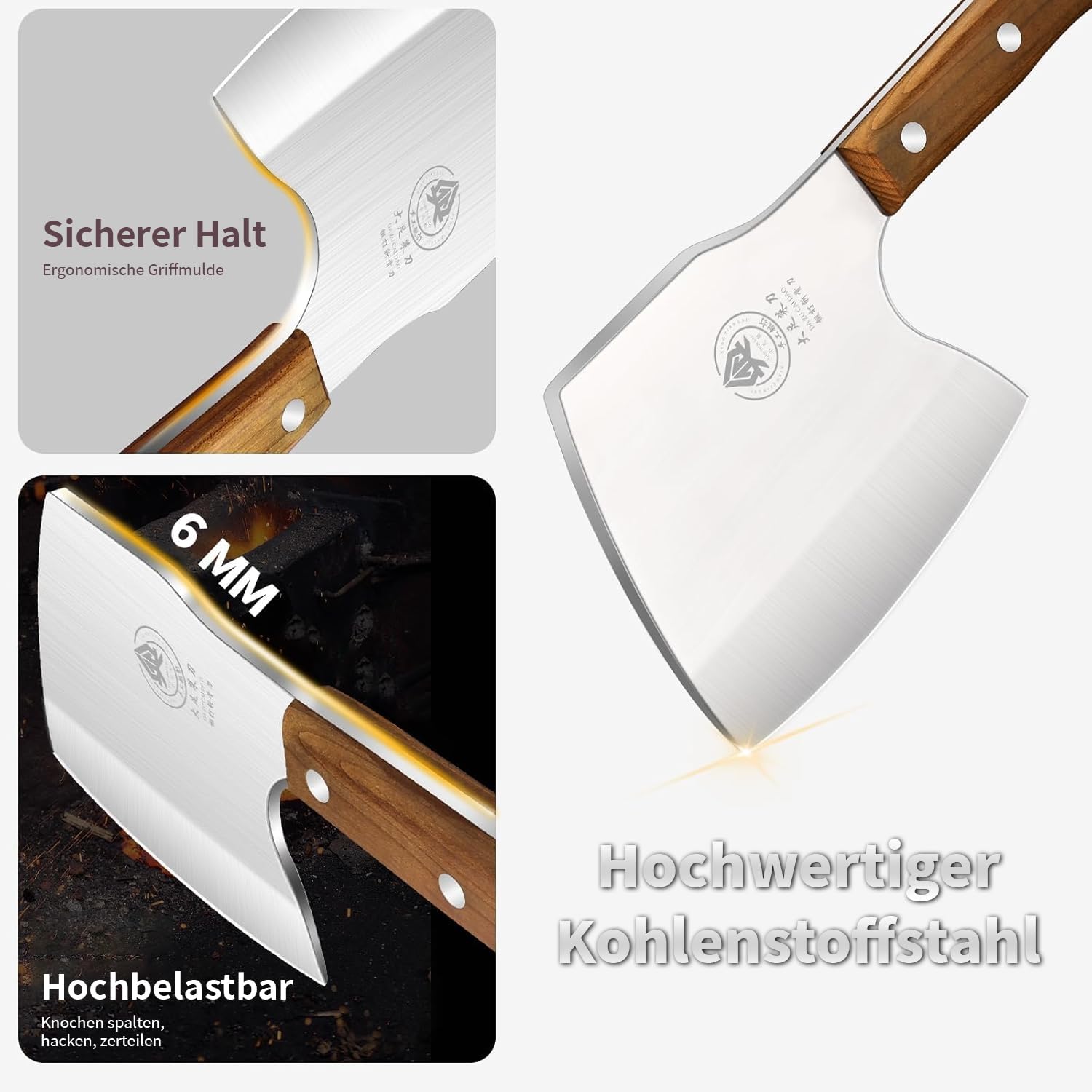 Plys Hackmesser 15cm Klinge Küchenbeil: Edelstahl Hackbeil Butcher Messer für Große Knochen und Fleisch Holzgriff