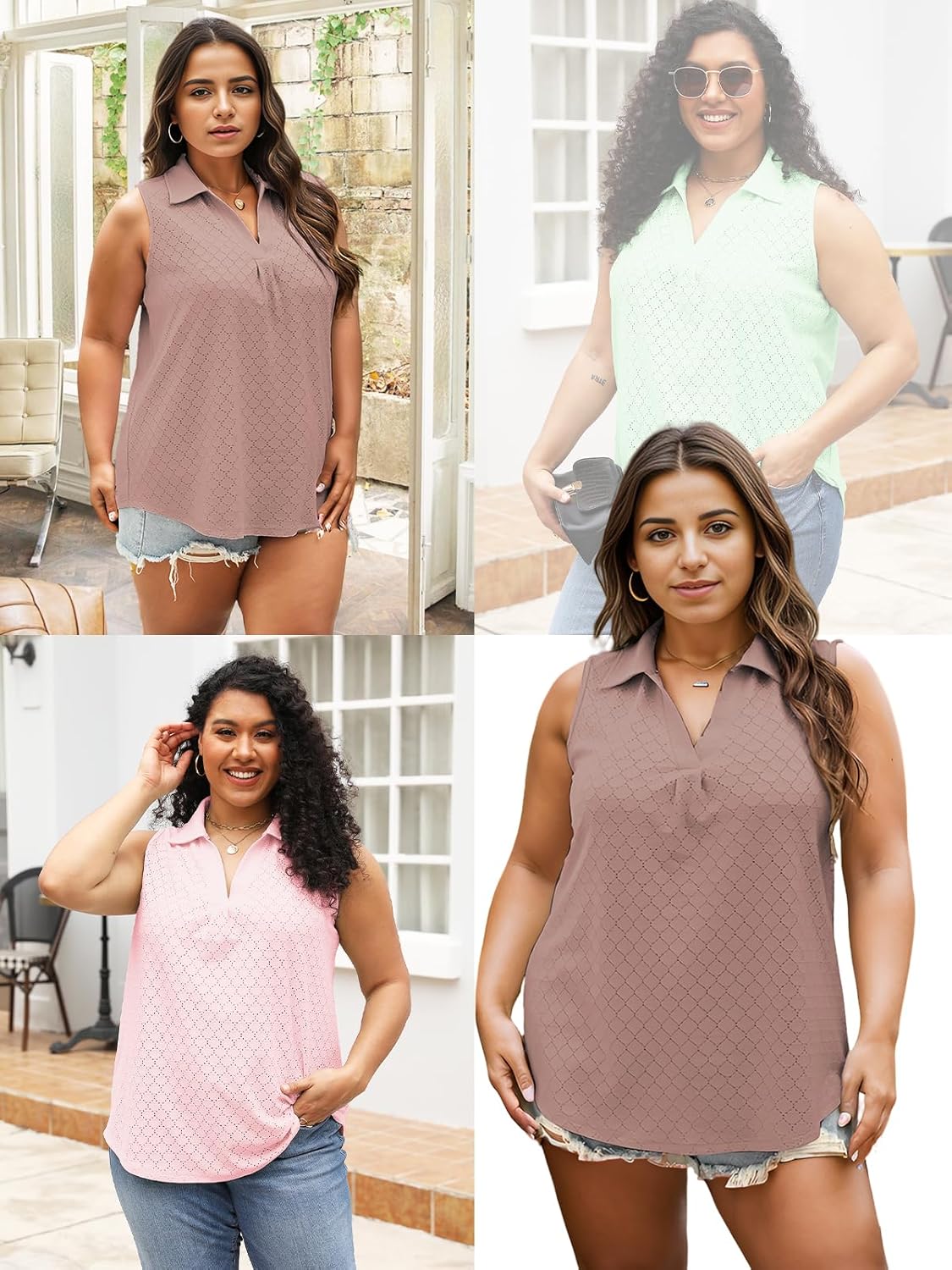 ROSRISS Womens Plus-Size-Tank-Tops Summer Sleeveless Casual Shirts Lapel V Neck Tunics Eyelet Tees - Image 4