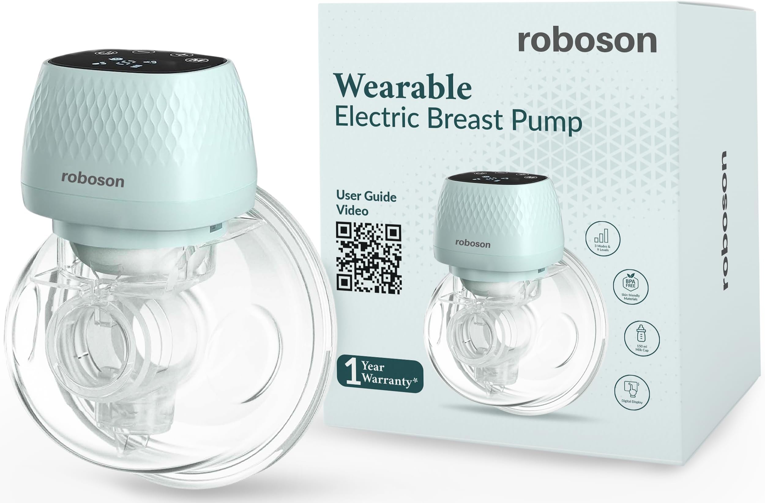 Roboson Wearable Electric Breast Pump For Feeding Mothers, Automatic Electrical Milk Feeding Pumping Machine with 3 Modes & 9 levels, Portable & Compact, Rechargeable with large 1400 mah battery, Digital Touch Screen, Food Grade Milk Cup of 150 ml, BPA Free and Skin Friendly (1 Year Warranty)