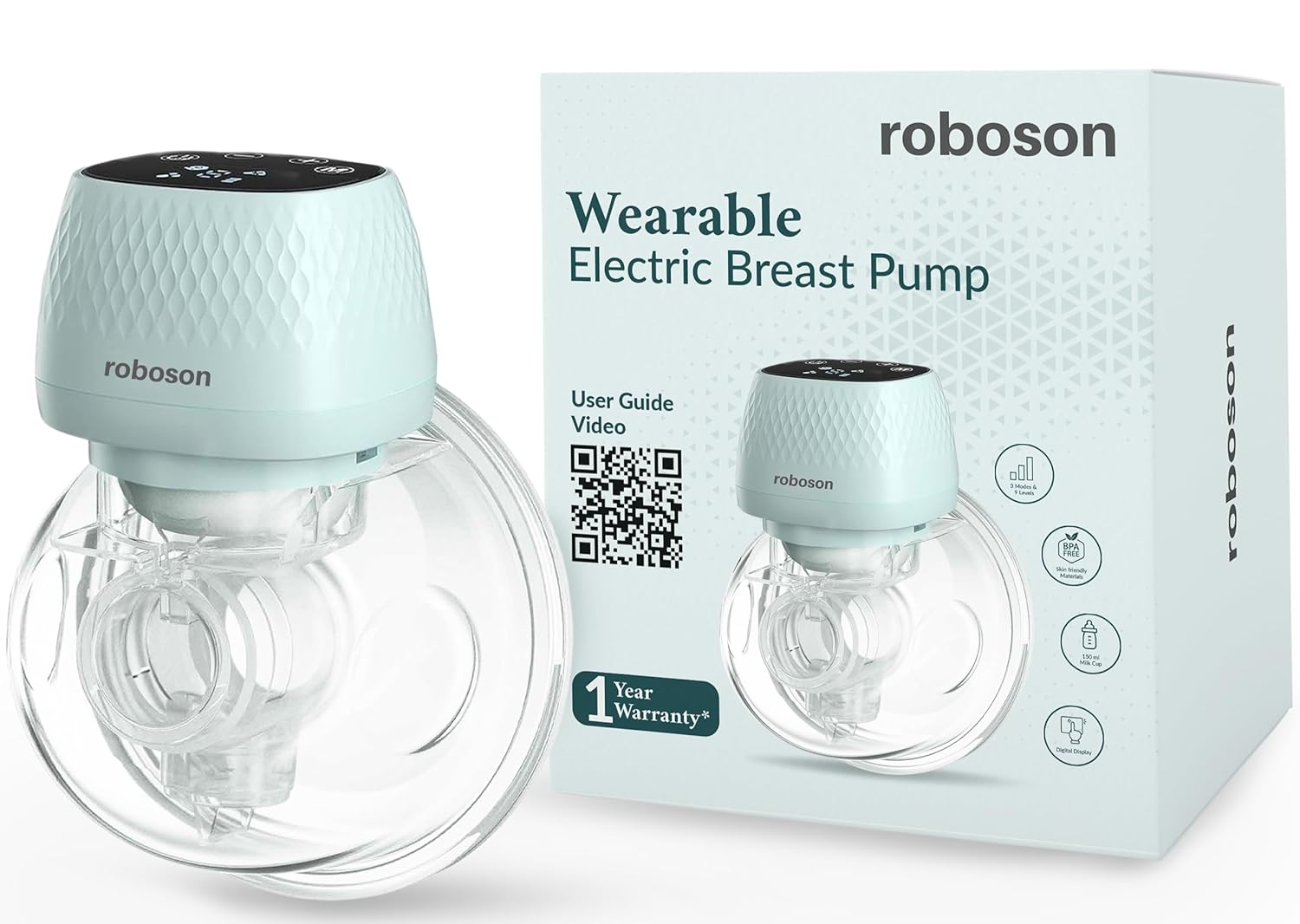 Roboson Wearable Electric Breast Pump For Feeding Mothers, Automatic Electrical Milk Feeding Pumping Machine with 3 Modes & 9 levels, Portable & Compact, Rechargeable with large 1400 mah battery, Digital Touch Screen, Food Grade Milk Cup of 150 ml, BPA Free and Skin Friendly (1 Year Warranty) - Amazon product rated Grade B
