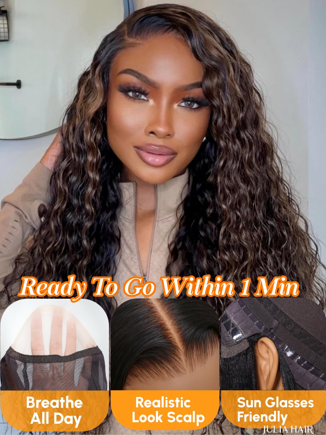 Julia Hair Golden Brown Highlight Deep Water Wave 7x5 Bye Bye Knots HD Lace Closure Glueless Wigs Human Hair Pre Plucked Pre Cut Natural Hairline Ready to Go for Beginners 20 Inch