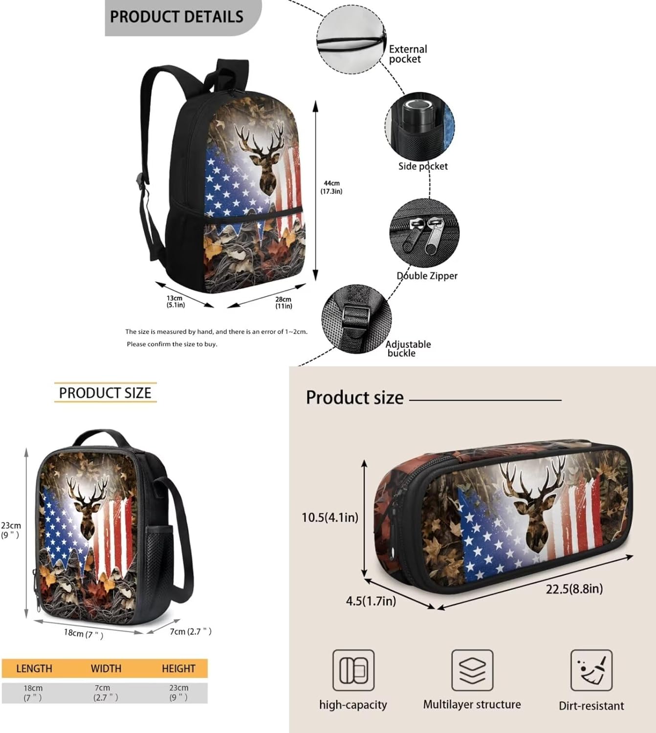 American Flag Deer Print School Backpack with Lunch Box Pencil Case 3 In 1 School Bag Book Bag for Kids Teen Boys Lager Capacity Student Bookbags Casual Shoulder Bags Daypack