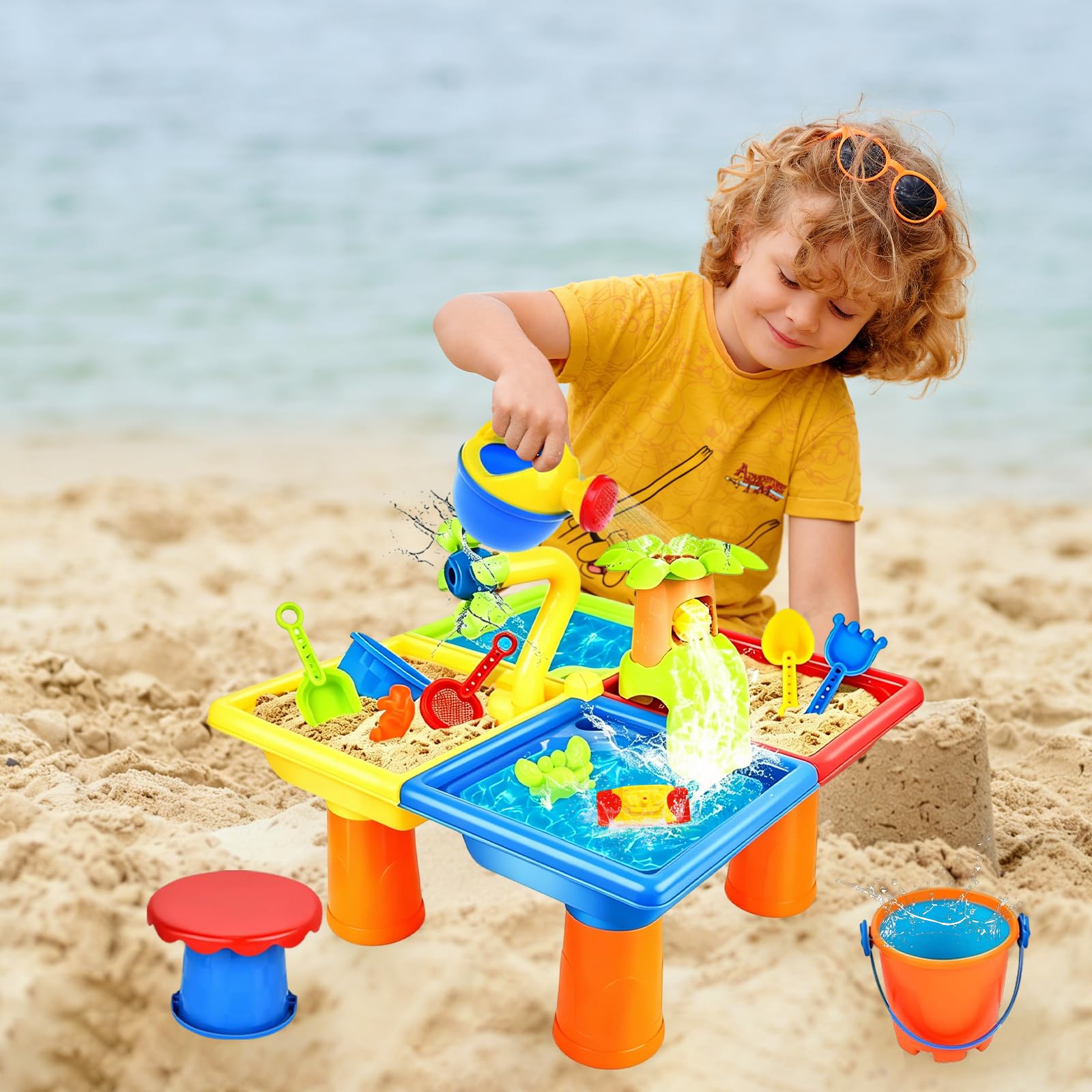 Mesa de Agua para Niños, Mesa de Arena y Agua 4 en 1, 25 Piezas Mesa Sensorial Juguetes de Verano al Aire, para Exterior, Jardín, Piscina, Regalo para niños de 3 años en adelante