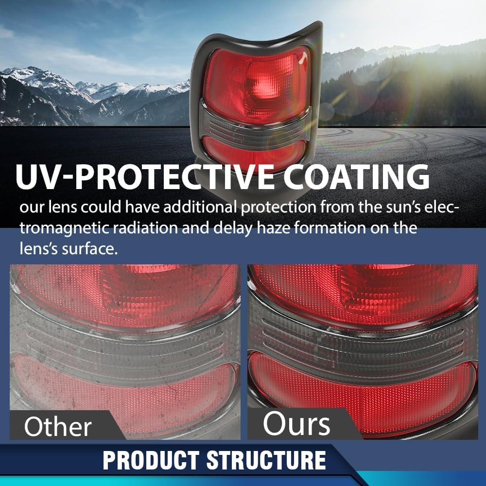 PIT66 Tail Lights Assembly Compatible with Dodge Ram 1500 2500 3500 Truck 1994-2002 Rear Lights Lamps Drive & Passenger Side Red Lens Reverse light Smoke Lens Luz Trasera