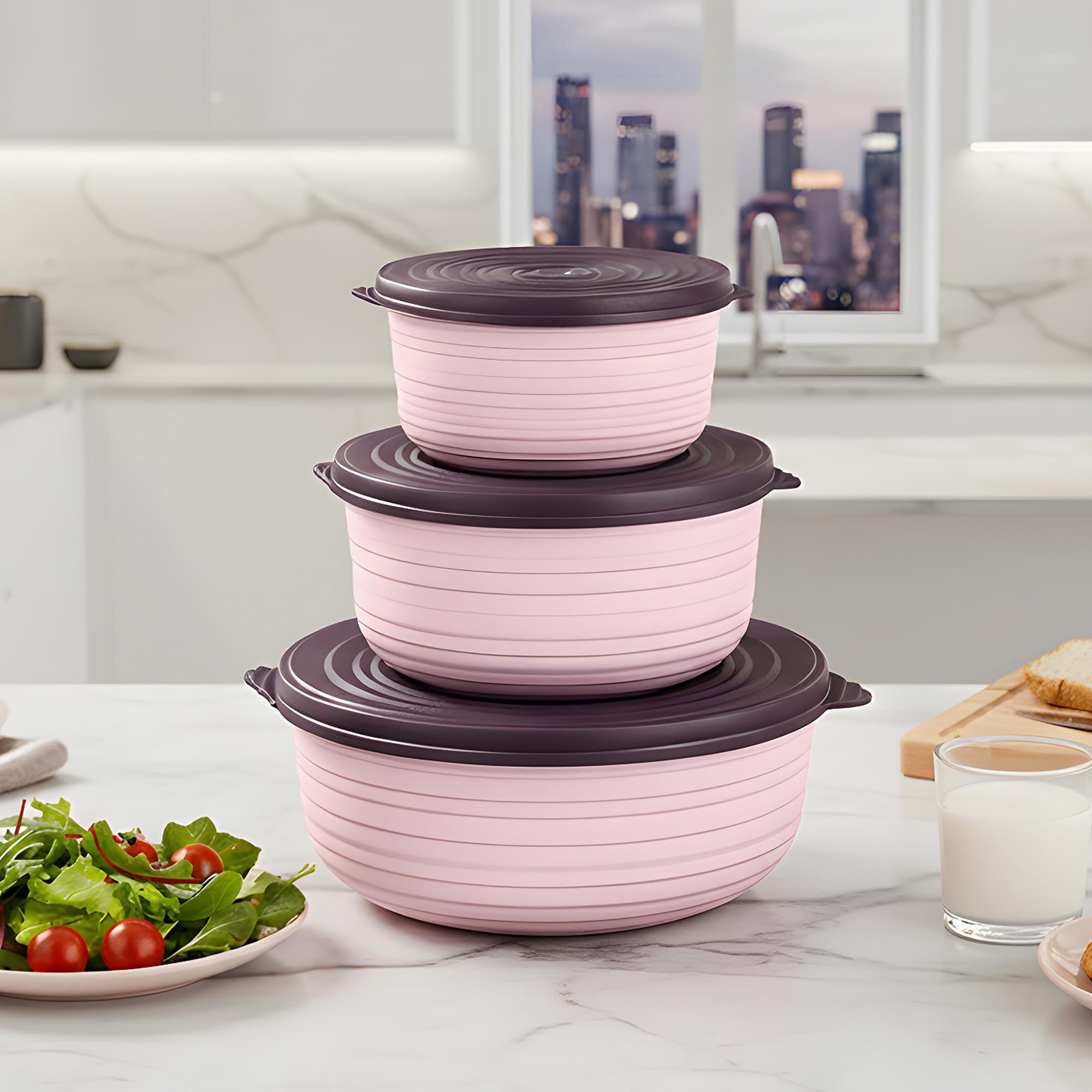 Kuber Industries 3 Pcs Multipurpose Storage Container Set | Capacity - 3000, 1800, 1000 ML | BPA-Free | Airtight Food Containers for Kitchen | Florence - Purple