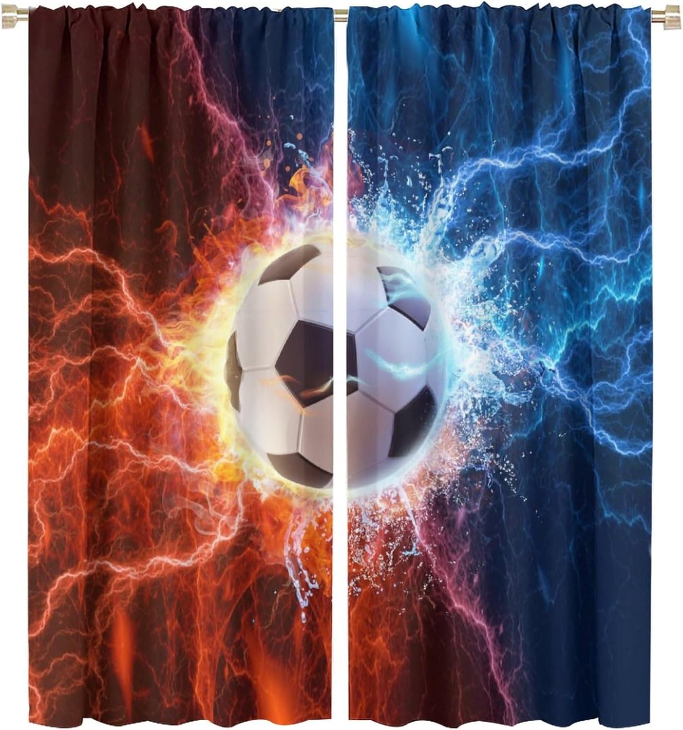 Sport Cool Soccer Curtains Window Football Theme Red Blue Lightning Thermal Insulated Room Curtains for Living Room Rod Pocket Window Drapes 2 Panels 63" L x 27.5" W