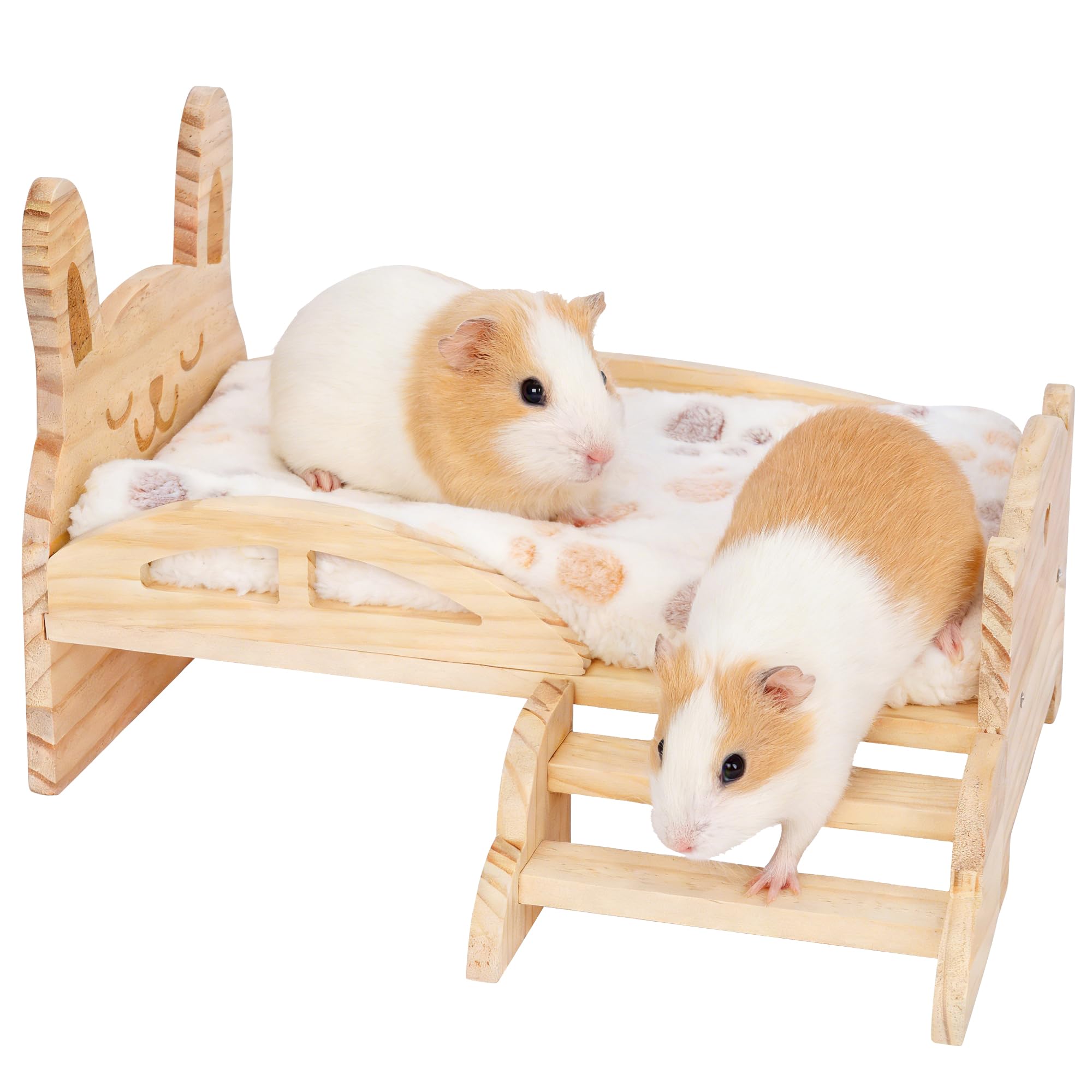 rloao Wooden Guinea Pig Bed with Detachable Fleece Sleep Mat, Removable Cute Pet Bed with Stairs, Small Animal Habitat for Dwarf Rabbit Chinchillas Hamster Ferret Bunny Hedgehog