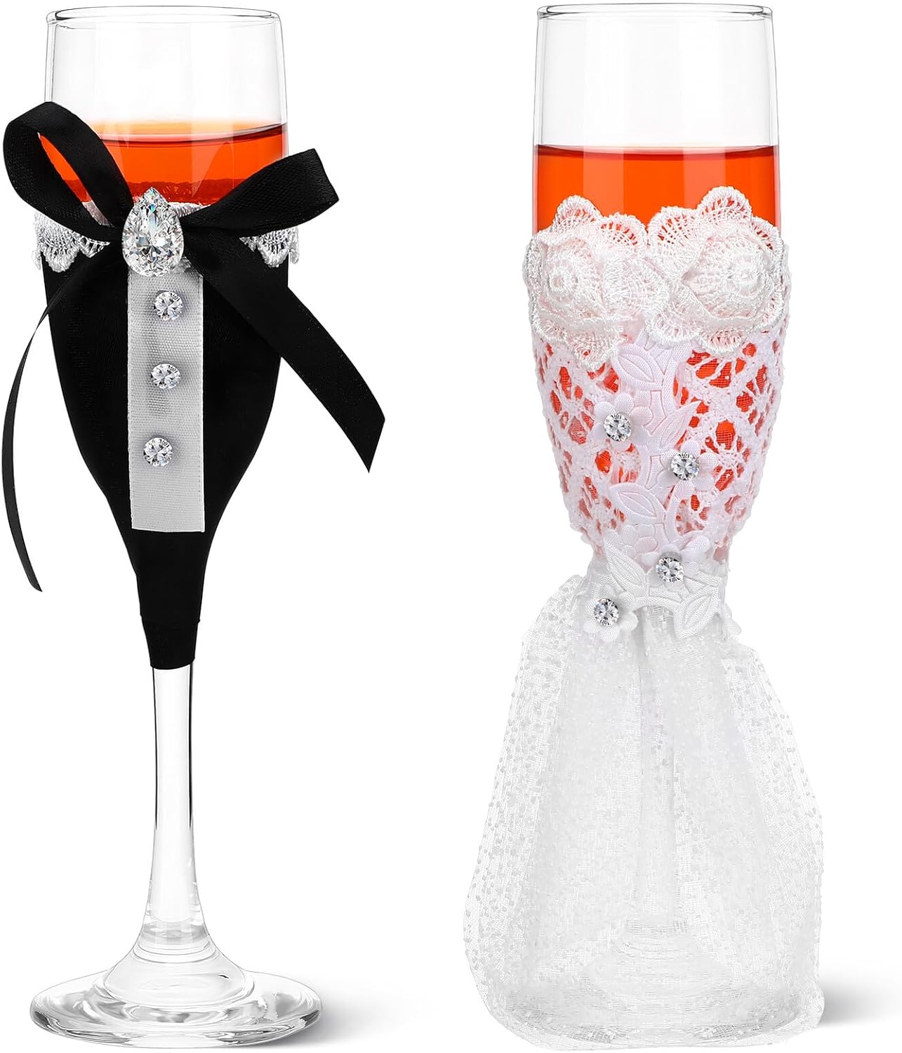 Wedding Toasting Glasses Set for Bride and Groom, 2pcs Black and White Decorative Goblets with Glass Bottle Covers, Elegant Engagement and Wedding Reception Drinkware