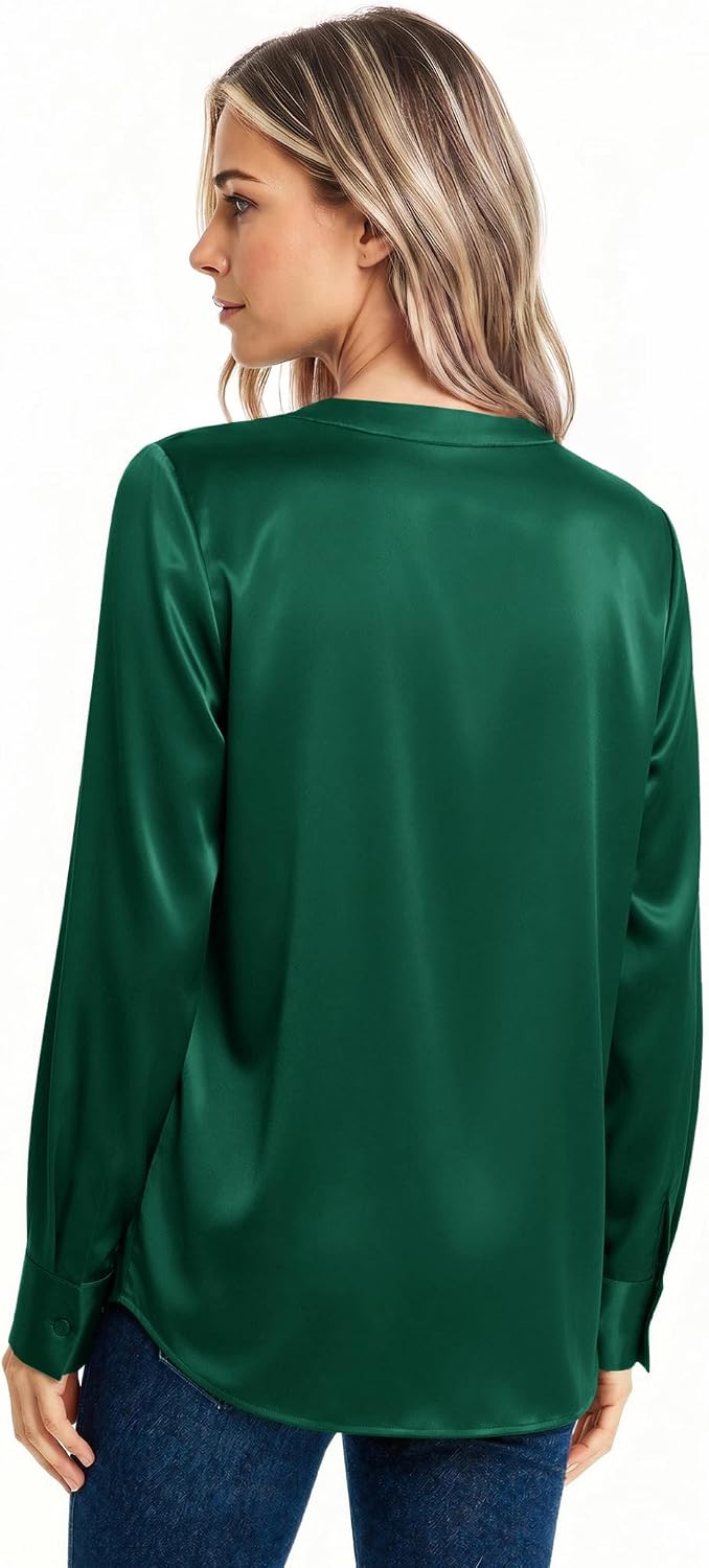 Zeagoo Women Satin Silk Blouses V Neck Long Sleeve Button Down Shirts Tops | Dressy Business Blouses Shoulder Gathers ,Casual Outfits, Fall Clothes, for Office Work, 2026 Fashion