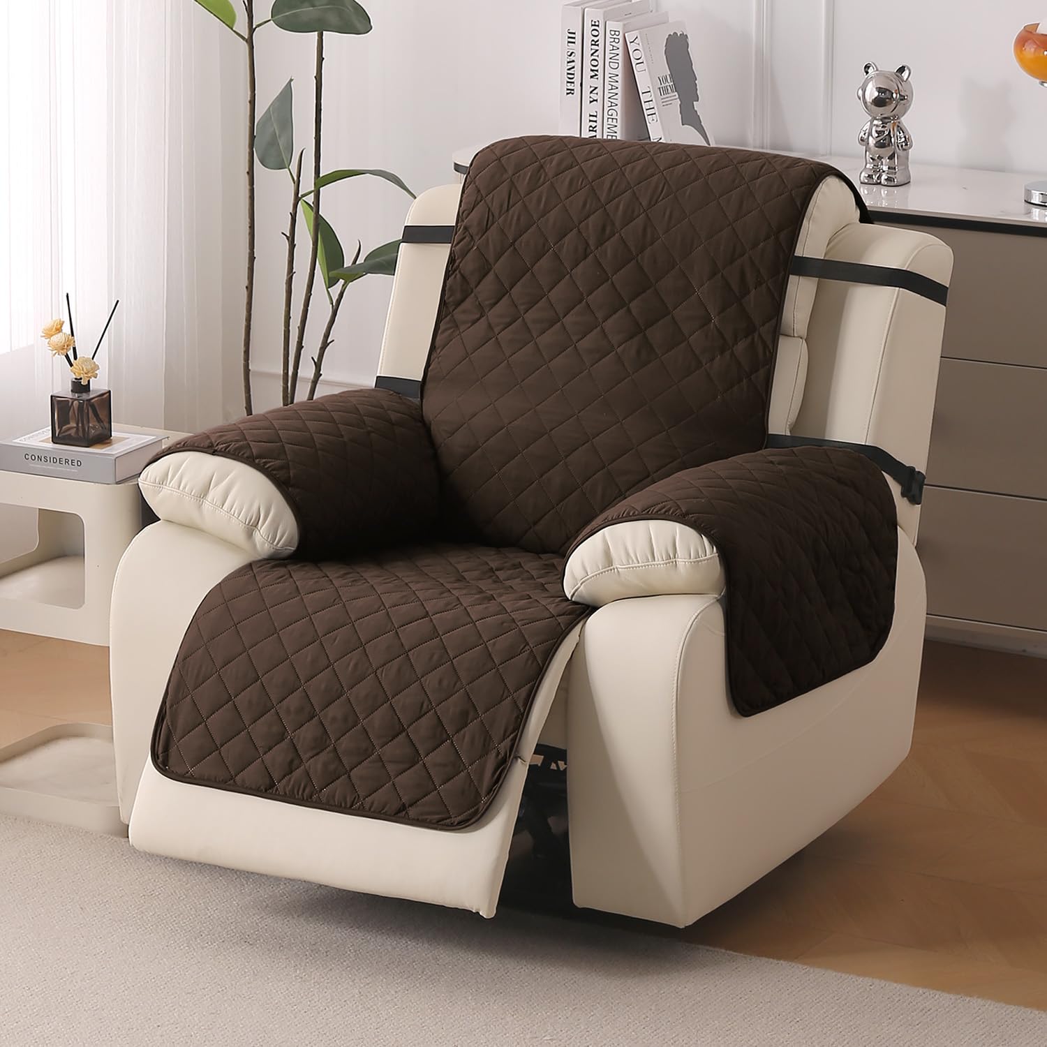 HOKIPO 'UrbanQuilt' Recliner Sofa Cover Mat for 1 Seater | Quilted Polyester 1-Piece Design with SecureFit Dual Belt, Chocolate Brown (AR-6069-M1)-image-3