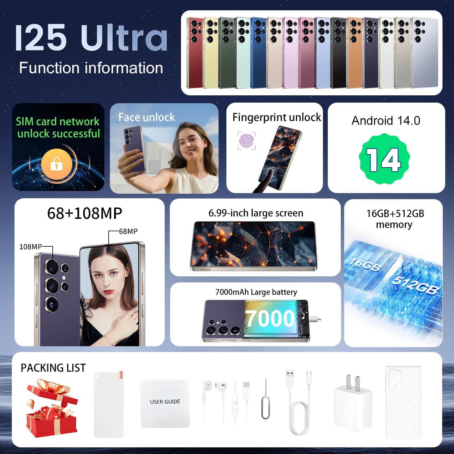 I25 Ultra Smartphone 16GB+512GB Android 14 Smartphone, 6.99" FHD+ Display, 7000mAh Battery, 108MP+68MP Dual Camera, Built-in Pen Stylus, Fast Performance Large Memory (Purple)