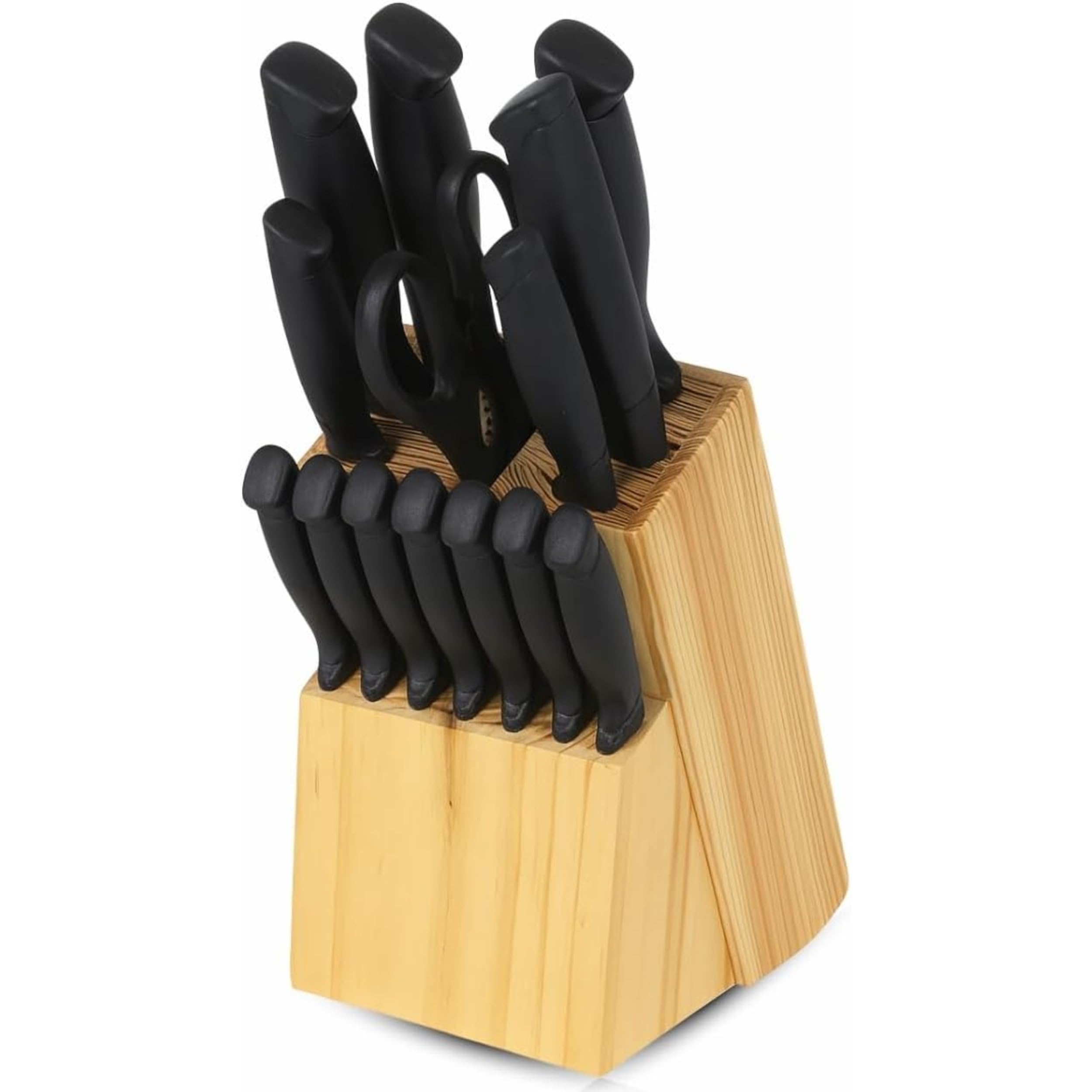 PARENCE.- Juego de cuchillos de cocina de 14 piezas con bloque de madera - hojas de acero inoxidable revestido de negro, cuchillo de chef, pan, bistec + tijeras