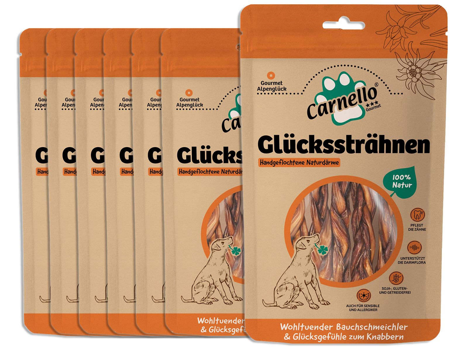 Carnello Glückssträhnen – Knabberstangen Hund getreidefrei, Hunde Leckerlis, Hundeleckerli getreidefrei – Wiederverschließbare Beutel (8 x 5 Stück)