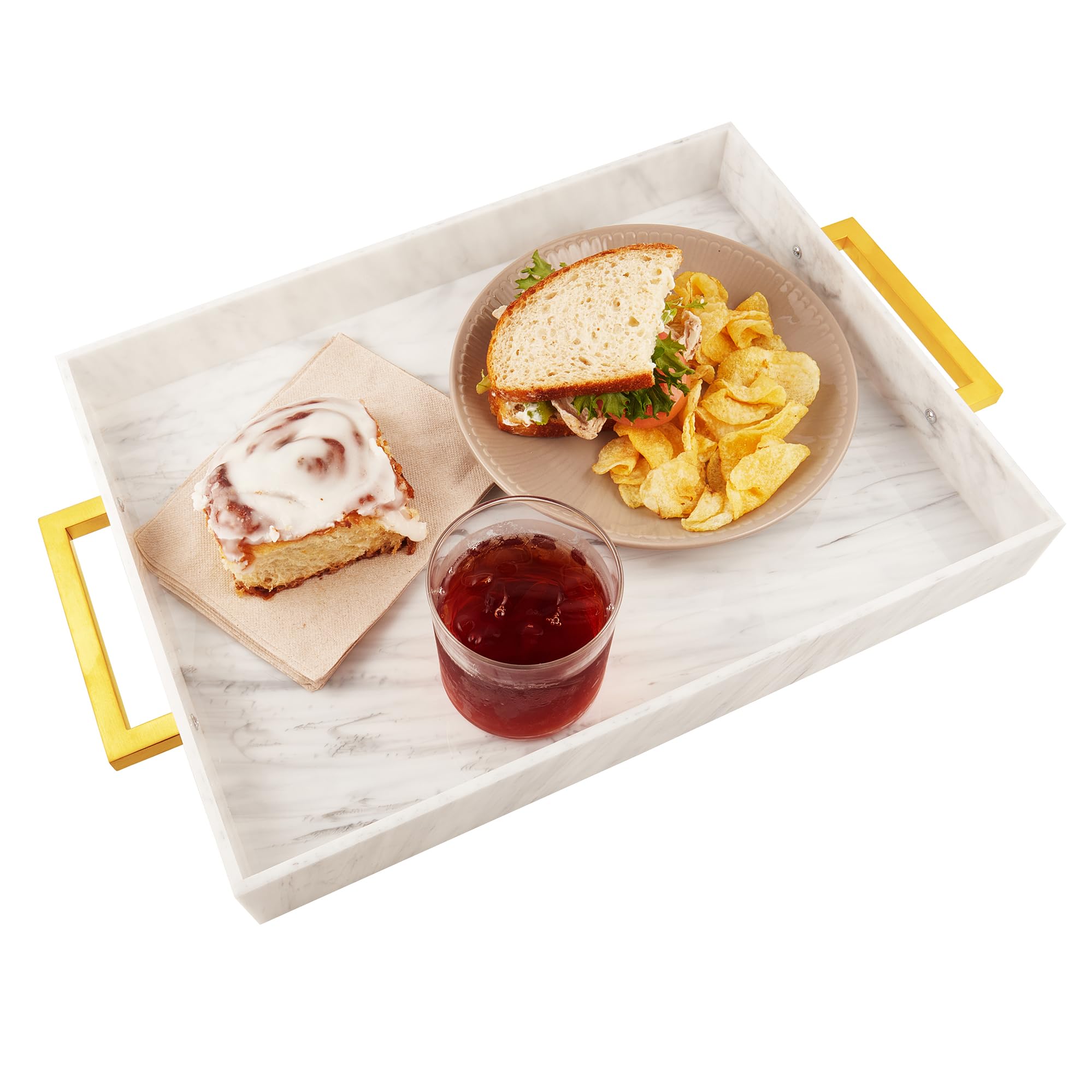 Bandeja para Servir de Acrílico con Asas Doradas, Bandejas Decorativas de 40,6 x 30,5 cm para Mesa de Café, Servidor de Bebidas a Prueba de Derrames, Cocina, Plato de Fiesta (Mármol)