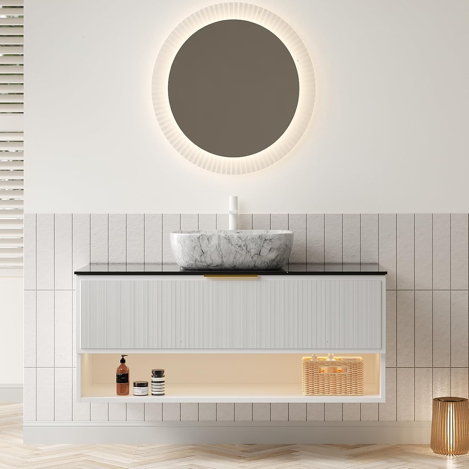 48" Floating Bathroom Vanity with Sink, Modern Storage Cabinet, 2 Large Drawers and Shelf, Sensor Light, Marble Pattern Ceramic Basin, Black Sintered Stone Top, Pre-Assembled, White